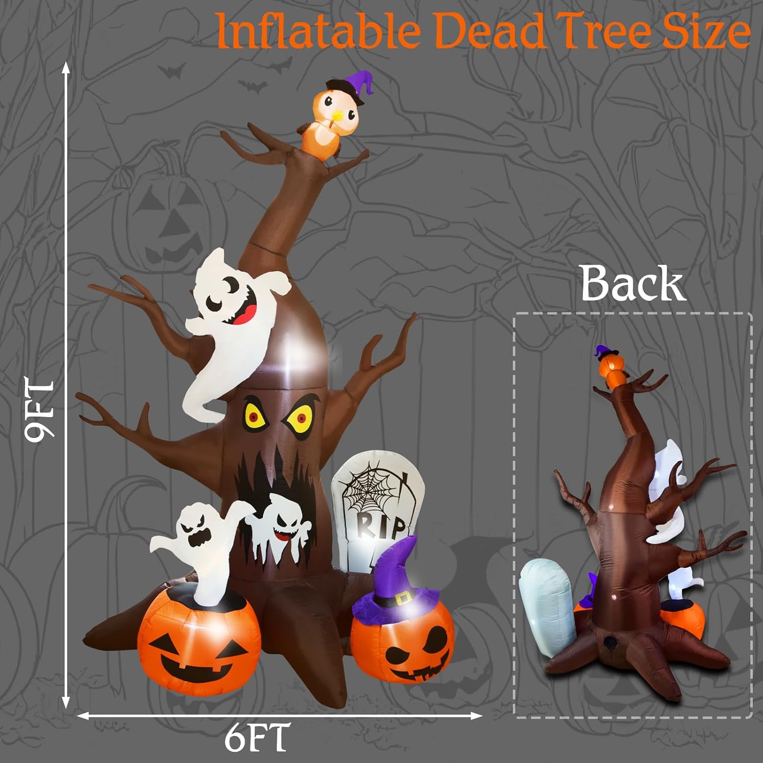 Árbol muerto inflable de Halloween de 9 pies con fantasmas, calabazas, lápida y búho, decoración de patio inflable con luces LED integradas,