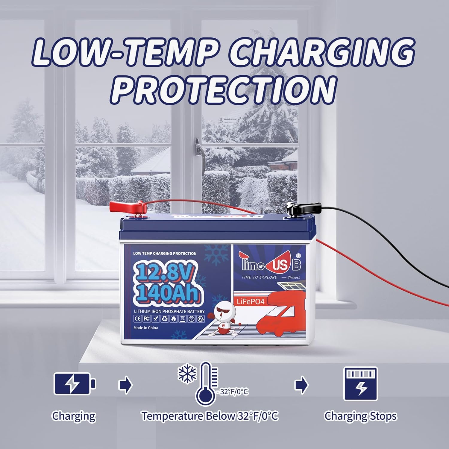 Timeusb Batería LiFePO4, batería de litio de 12 V 140 Ah Group31 con corte de baja temperatura, BMS integrado de 100 A, energía máxima de 1792 Wh,
