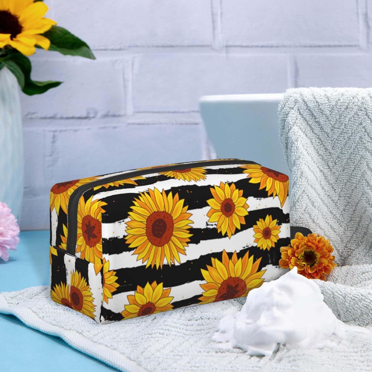 Neceser de viaje, bolsa de maquillaje grande, kit de afeitado portátil, bolsa de lavado para viajes, gimnasio, camping, Rayas de girasol blanco y