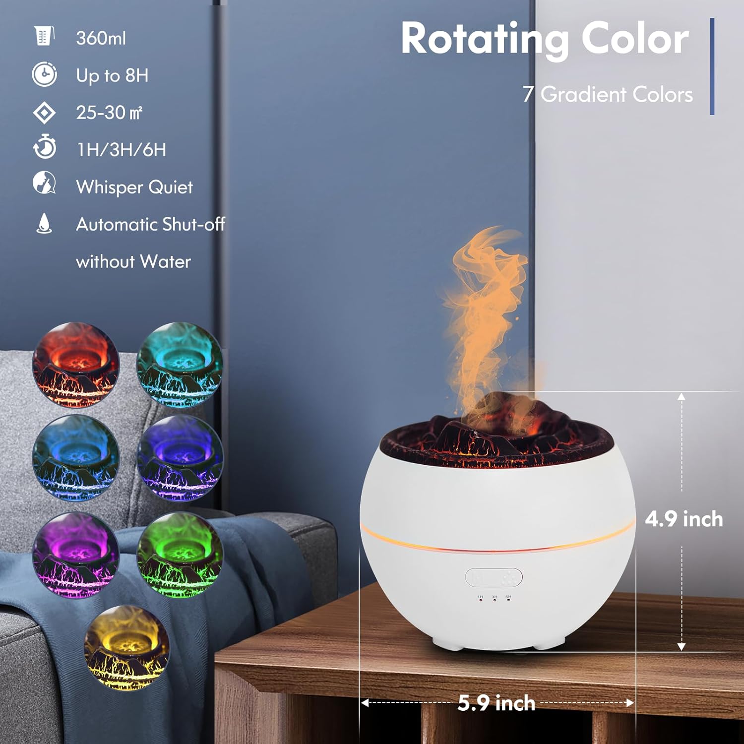 Humidificador de llama con 7 colores difusores de aceite esencial, humidificador sin ruido mejorado para el hogar, estudio de yoga, gimnasio,