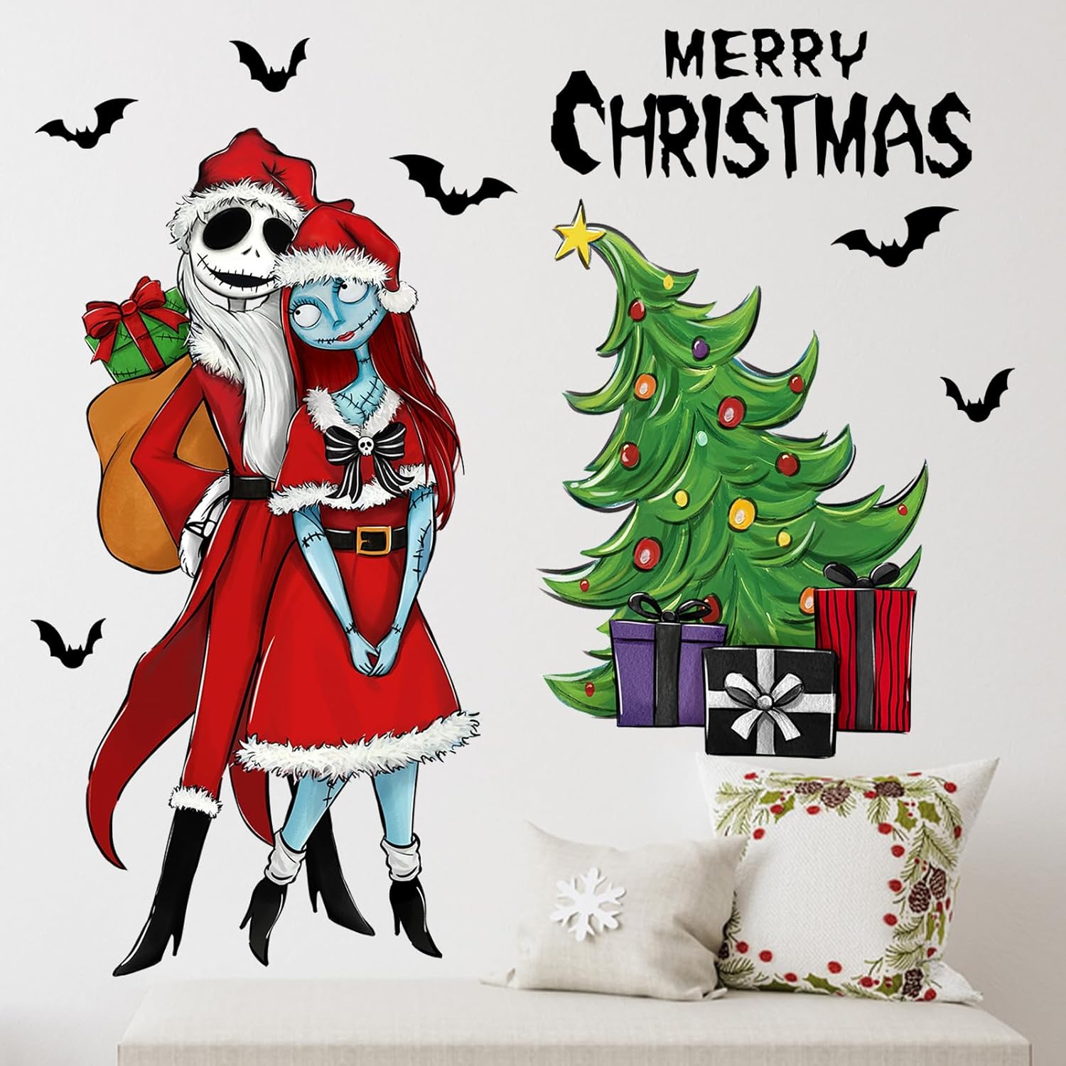Mfault Calcomanías de pared con texto en inglés Merry Christmas Nigh.tmare BEF.ore, Jack Skellington Sally, árbol de Navidad, cráneo, murciélagos,