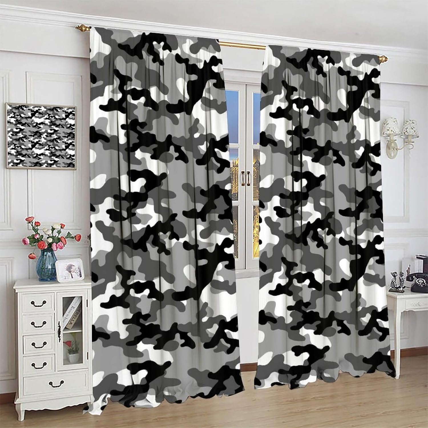 Cortinas de camuflaje gris militar, arte de camuflaje negro, blanco, gris, cortinas opacas con bolsillo para barra, para dormitorio, sala de estar,
