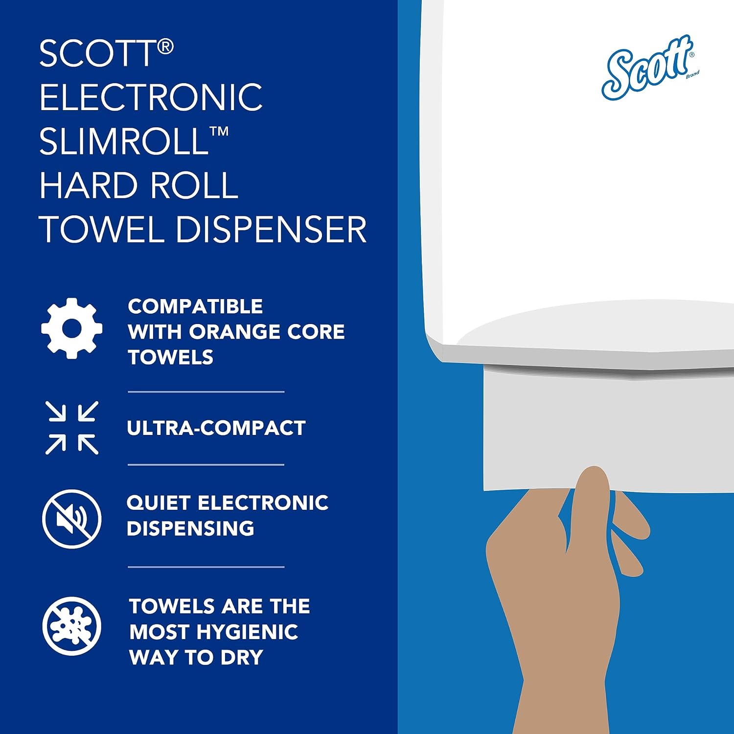 Scott Dispensadores automáticos de toallas Slimroll (47259), blanco, para toallas Slimroll Orange Core Scott, 11.8 x 12.35 x 7.25 pulgadas (1 unidad)