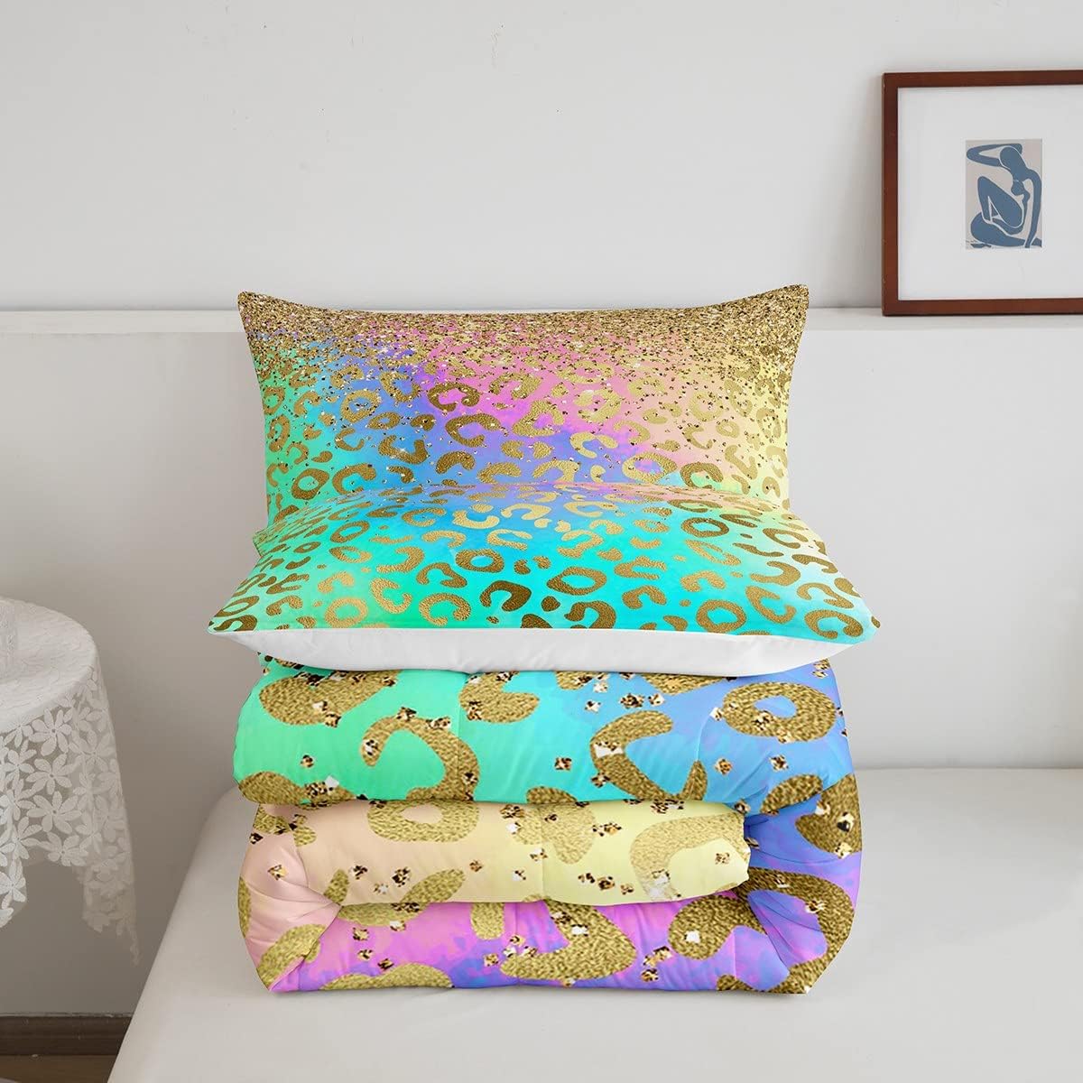 Feelyou Juego de edredón de leopardo dorado con purpurina, juego de ropa de cama con estampado de animales salvajes, juego de edredón acolchado de