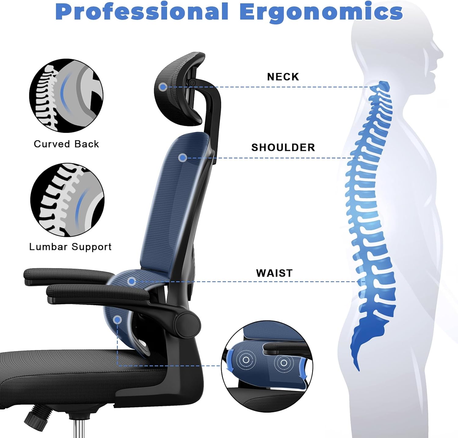naspaluro Silla de oficina ergonómica, silla de computadora con respaldo alto y soporte lumbar elástico adaptativo, altura ajustable, reposacabezas