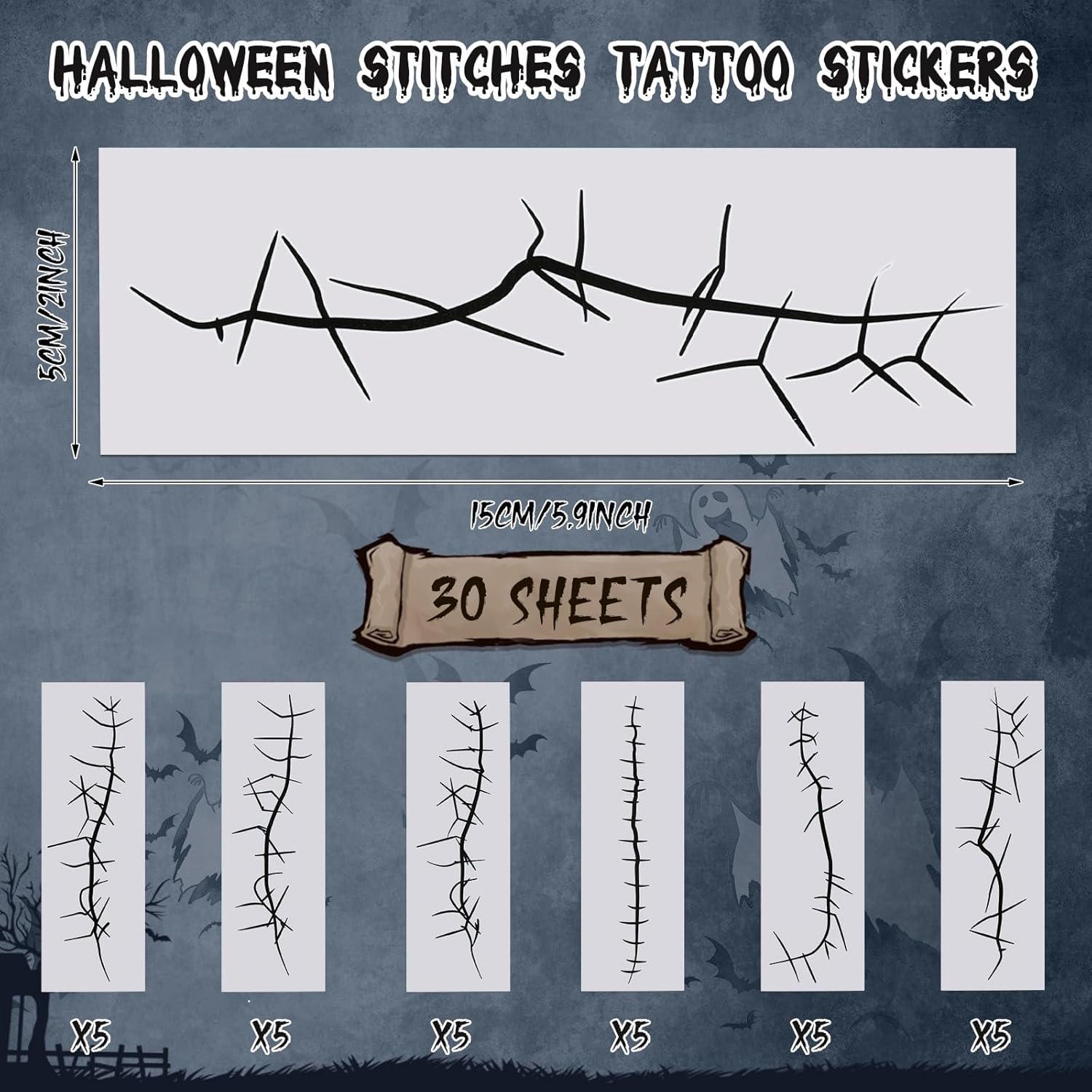 Yeaqee 30 hojas de tatuajes de puntada de Halloween, tatuajes temporales falsos, tatuajes temporales de Halloween, tatuajes de maquillaje de puntada