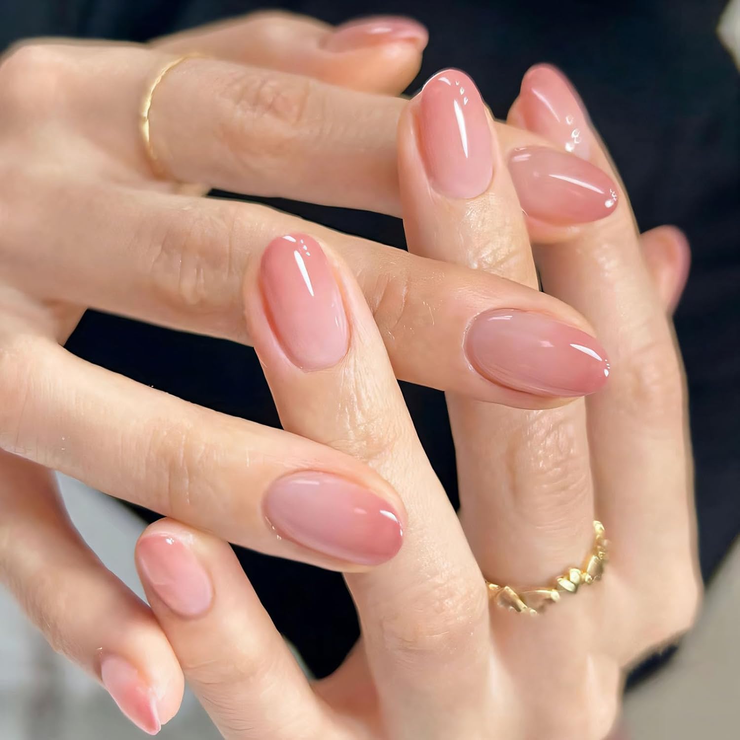 Uñas postizas cortas a presión con punta francesa, uñas postizas ovaladas, uñas postizas degradadas, uñas acrílicas brillantes degradadas, uñas