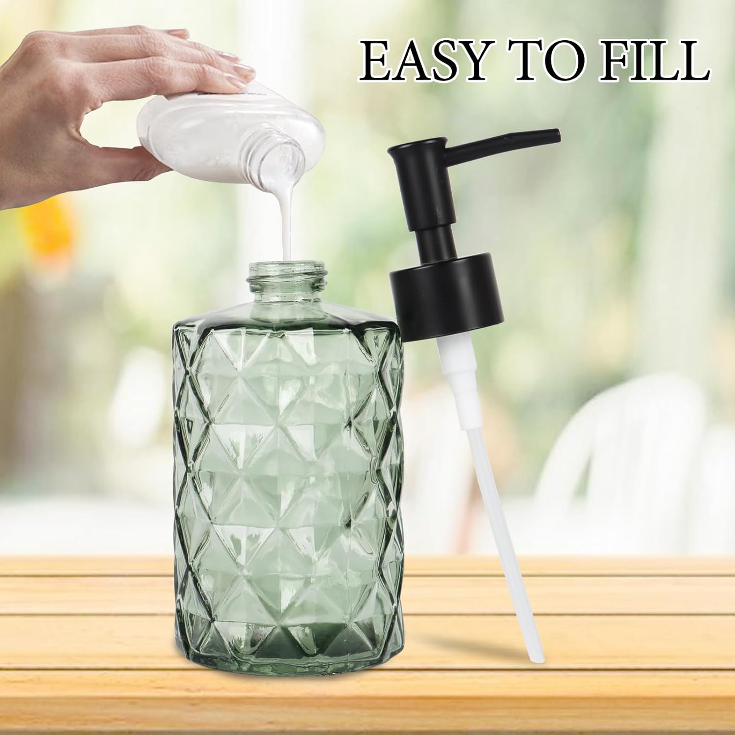 Dispensador de jabón de vidrio transparente, dispensador de jabón líquido de manos de 11 onzas11.2 fl oz para fregadero de cocina y baño, juego de