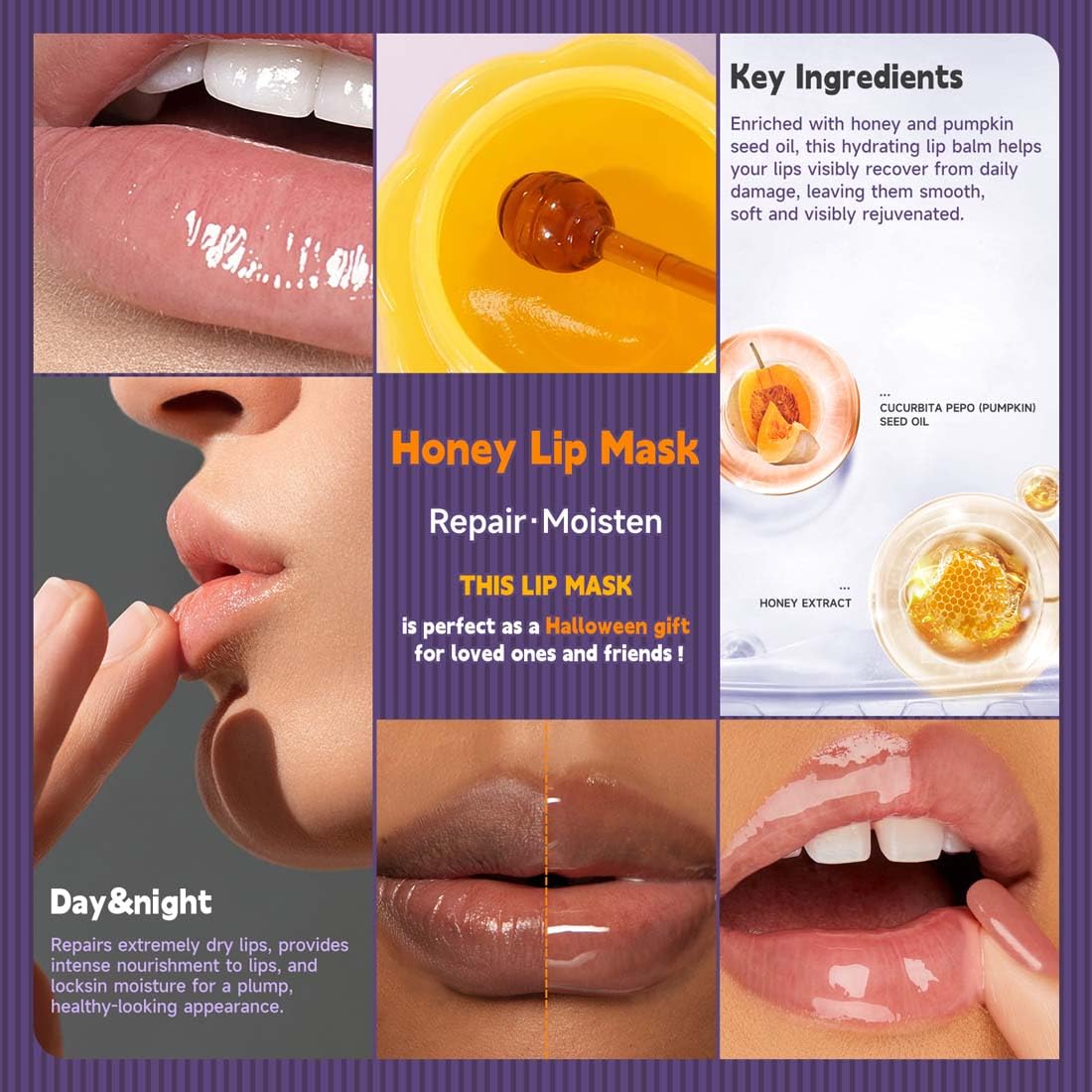 Juego de máscara labial de calabaza y miel de Halloween, mascarilla nutritiva e hidratante para labios de día y noche, bálsamo de abeja, exfoliante