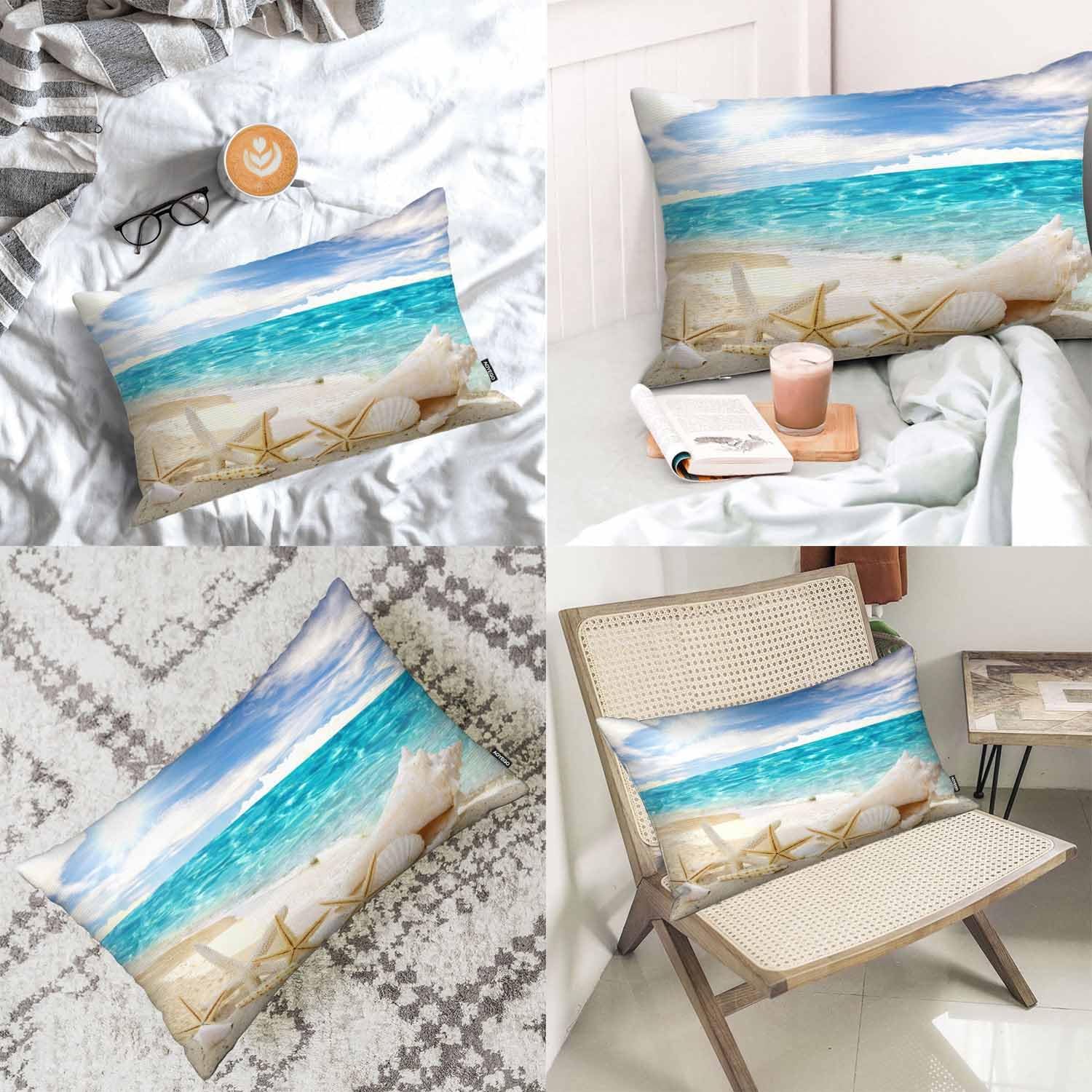 AOYEGO Funda de almohada con diseño de estrella de mar y estrella de mar, color azul tropical, vacaciones, playa, cielo soleado, decoración del