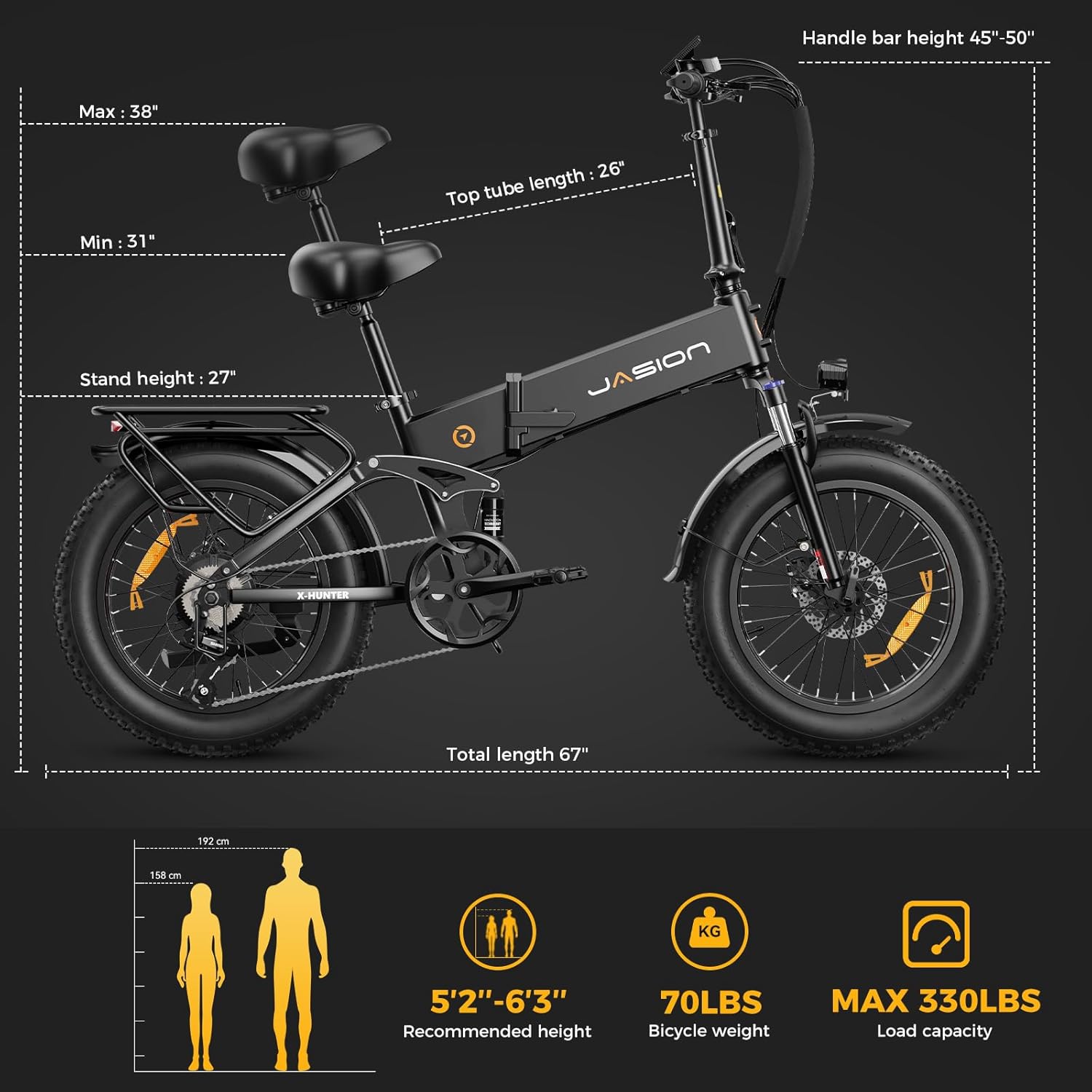 Jasion X-Hunter – Bicicleta eléctrica para adultos, motor de pico de 1400 W, 30 MPH, velocidad máxima 624 Wh, batería extraíble, diseño de sistema