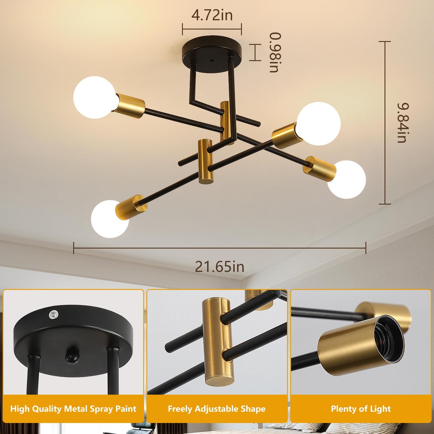 DELIPOP Sputnik – Lámpara de techo Sputnik moderna de 4 luces negras y doradas, lámpara de techo E26 de metal industrial semiempotrada para
