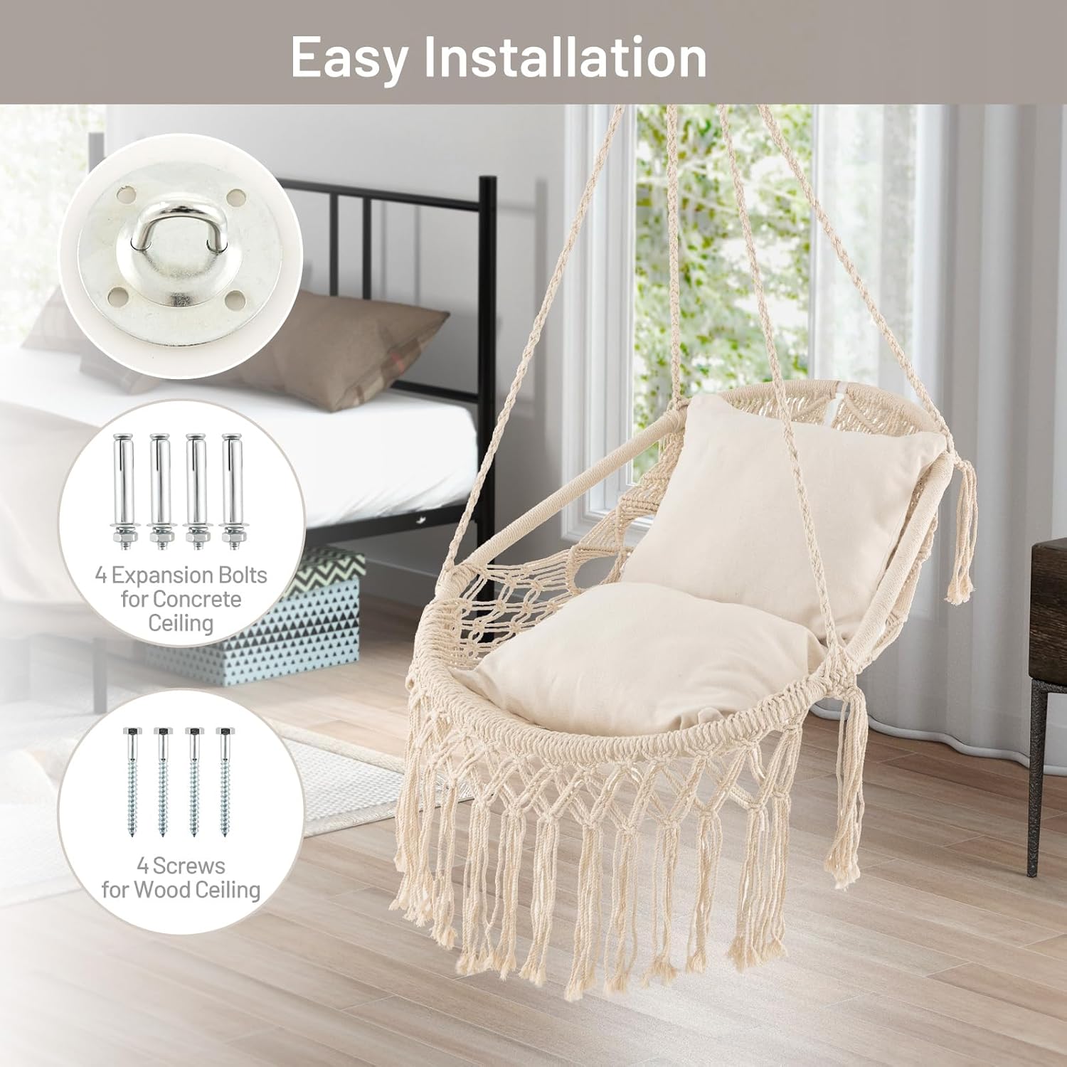 Giantex Silla columpio de macramé, columpio colgante de porche con cojines de asiento suaves, cuerda de algodón y kits de herramientas, soporta