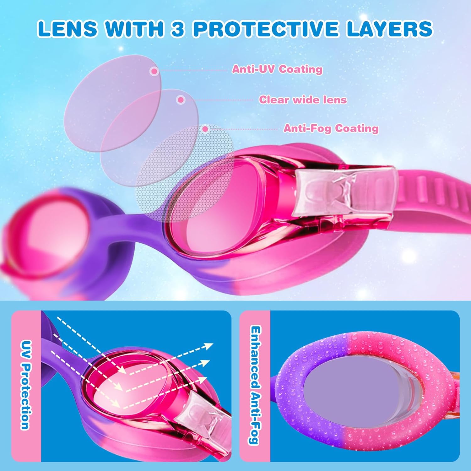 FOGULO Paquete de 4 gafas de natación para niños de 4 a 14 años, gafas de natación antiniebla con protección UV, gafas impermeables para niños y