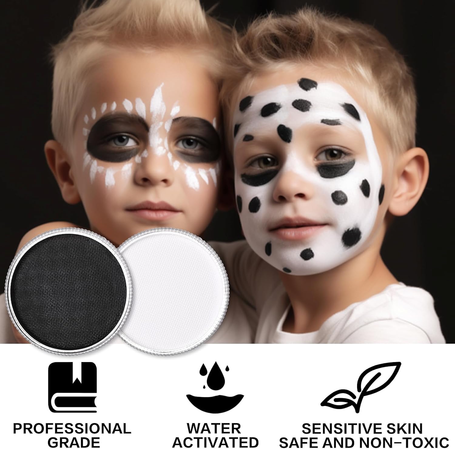 Pintura facial negra y blanca de payaso con 3 pinceles de pintura, paleta de maquillaje SFX a base de agua para niños y adultos, pintura facial no