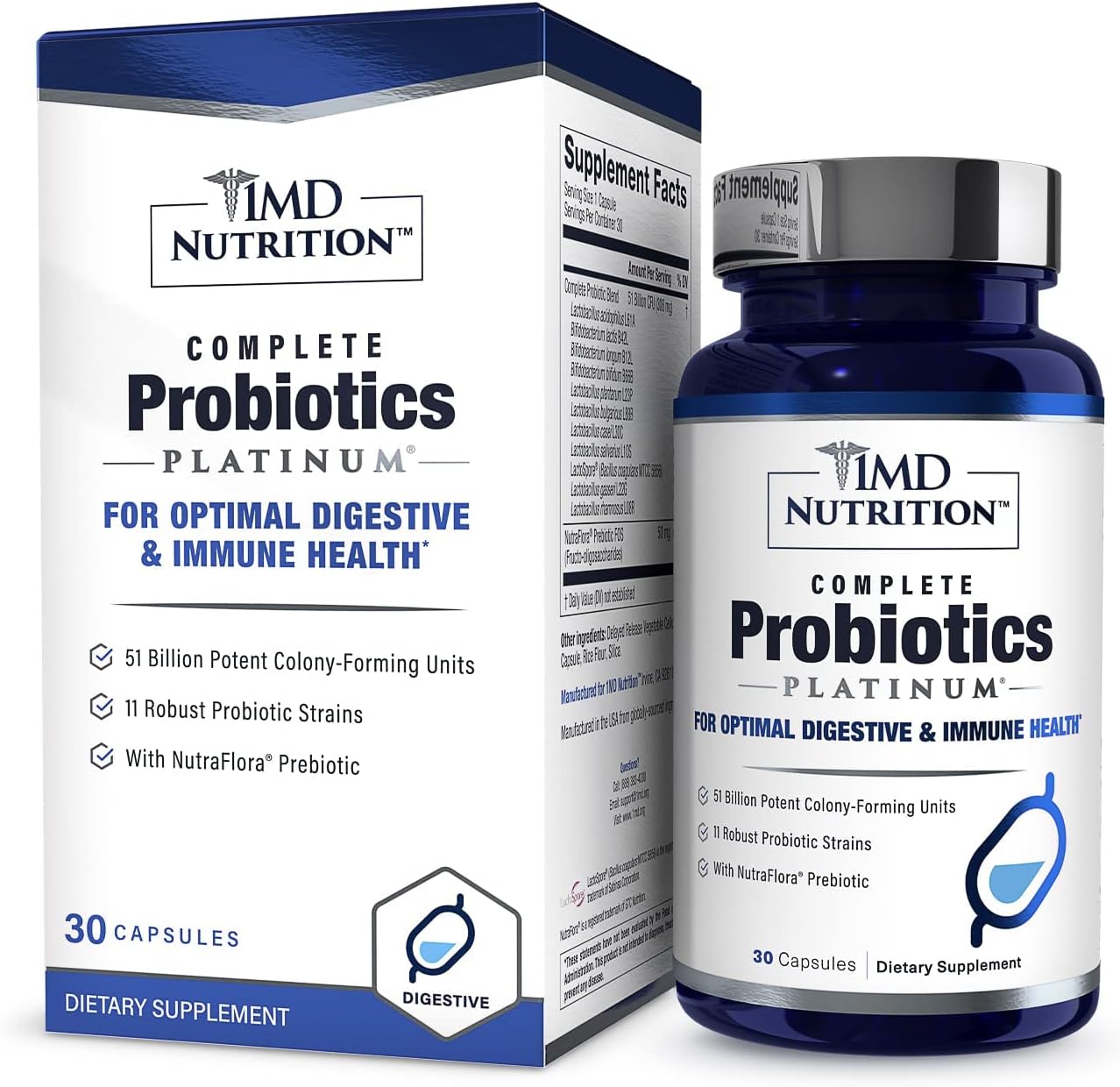 MD-Supplement – Probióticos completos Pla-Tinum, 30 cápsulas, apoya la salud digestiva, contiene 11 cepas robustas y potentes, sin aditivo artificial