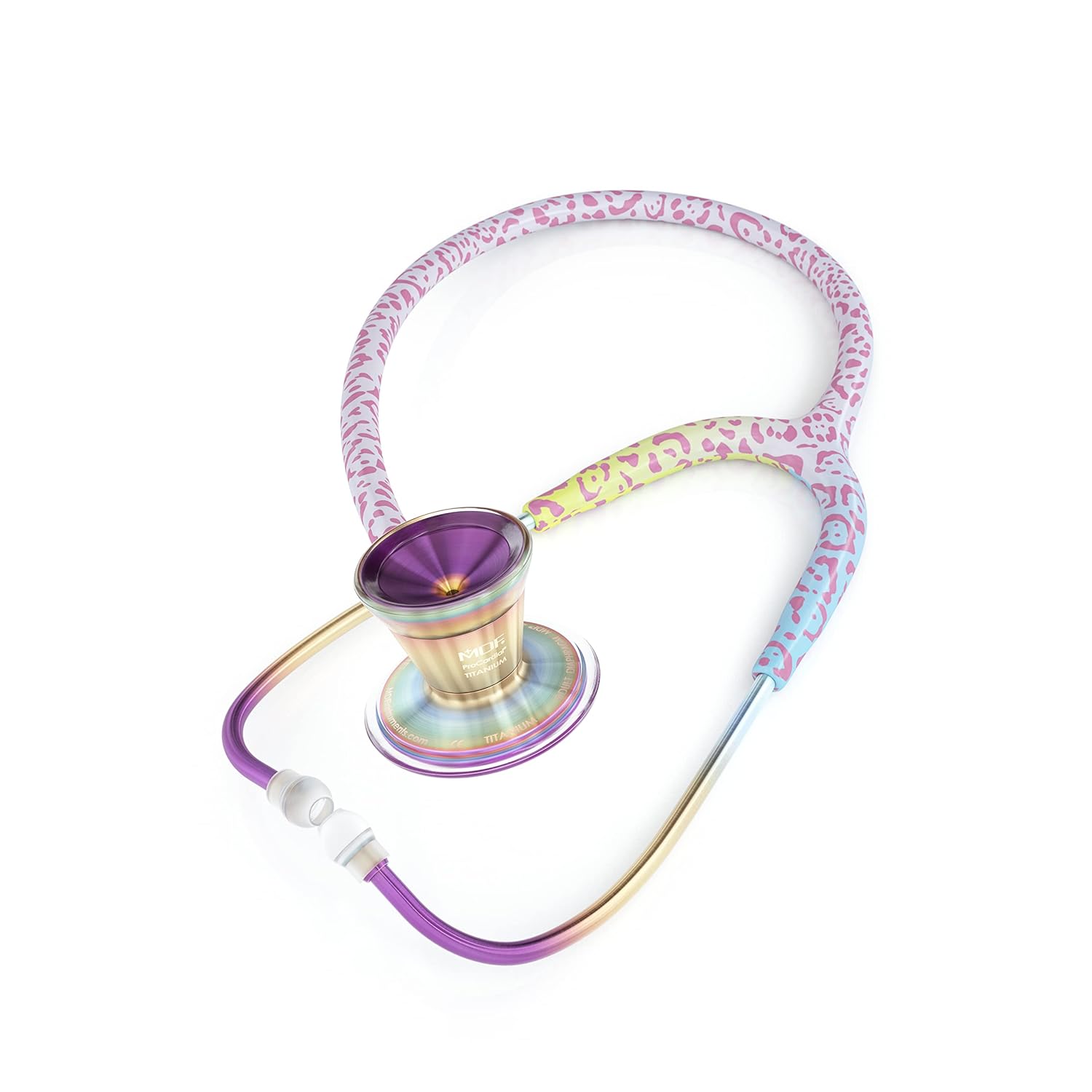 MDF Instruments ProCardial Cardiology – Estetoscopio de titanio ligero, para adultos, doble cabeza, tubo de caleidoscopio de leopardo arcoíris +