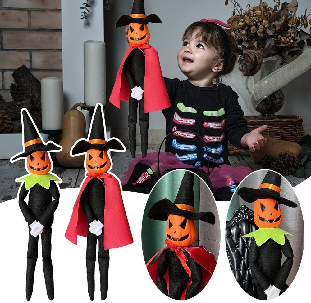 Muñeco de peluche de calabaza de Halloween de 14 pulgadas, hecho a mano con sombrero negro, guantes blancos, vestidos y capa para Halloween y