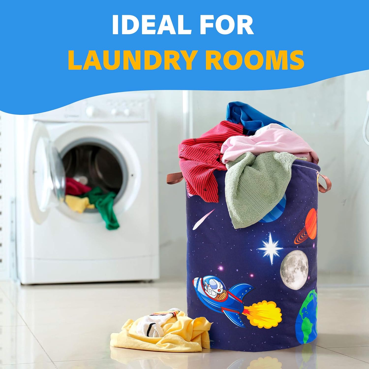 Cesta de lavandería para niños, tema de cohete espacial de astronauta, impermeable, plegable con asas, cesta de lona para cuarto de bebé de 45 L,