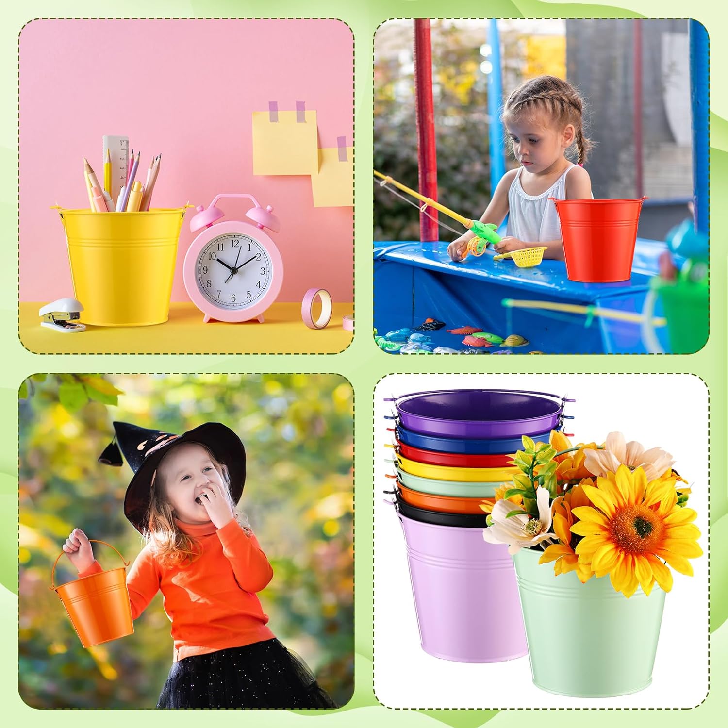 Paquete de 24 cubos de metal de colores con asa, cubos pequeños galvanizados de metal para niños, manualidades, recuerdos de fiesta, centros de
