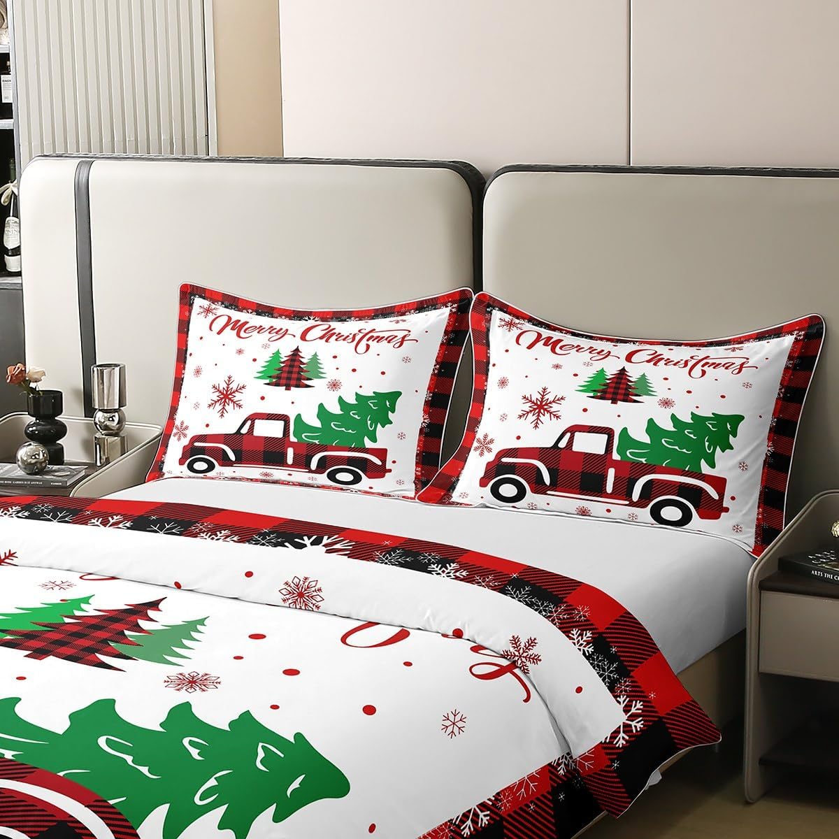 Juego de funda de edredón de algodón de Navidad, juego de edredón de automóvil con cuadrícula de Navidad para niños, niñas, adolescentes, decoración
