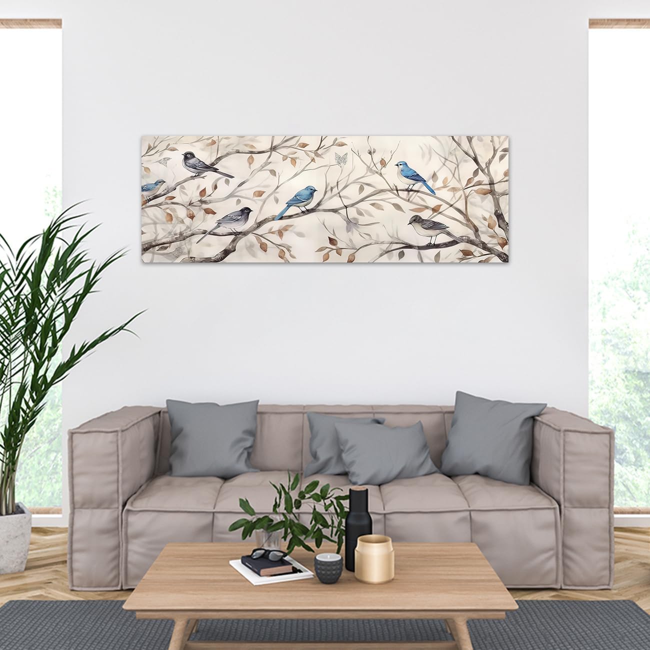LZIMU Lienzo decorativo para pared, diseño de pájaros en rama de árbol, hojas caídas de otoño, paisaje, impresiones de paisaje, gran estilo rústico,