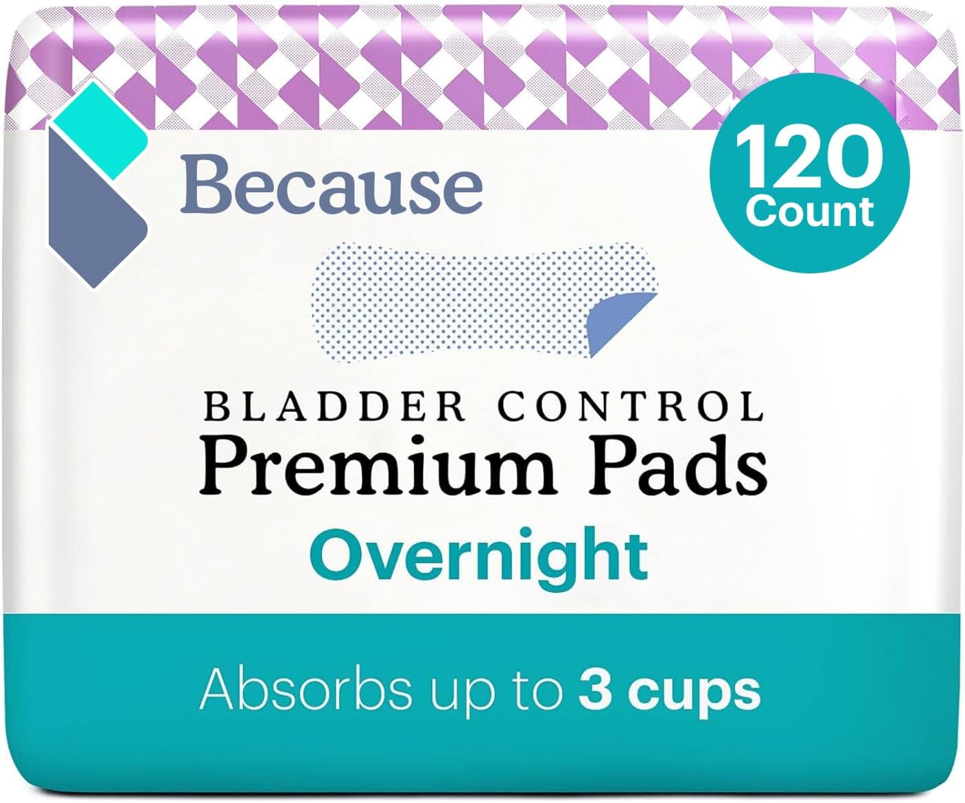 Because Almohadillas de incontinencia prémium para mujer, forro discreto, envueltos individualmente, absorción durante la noche, 120 unidades (6