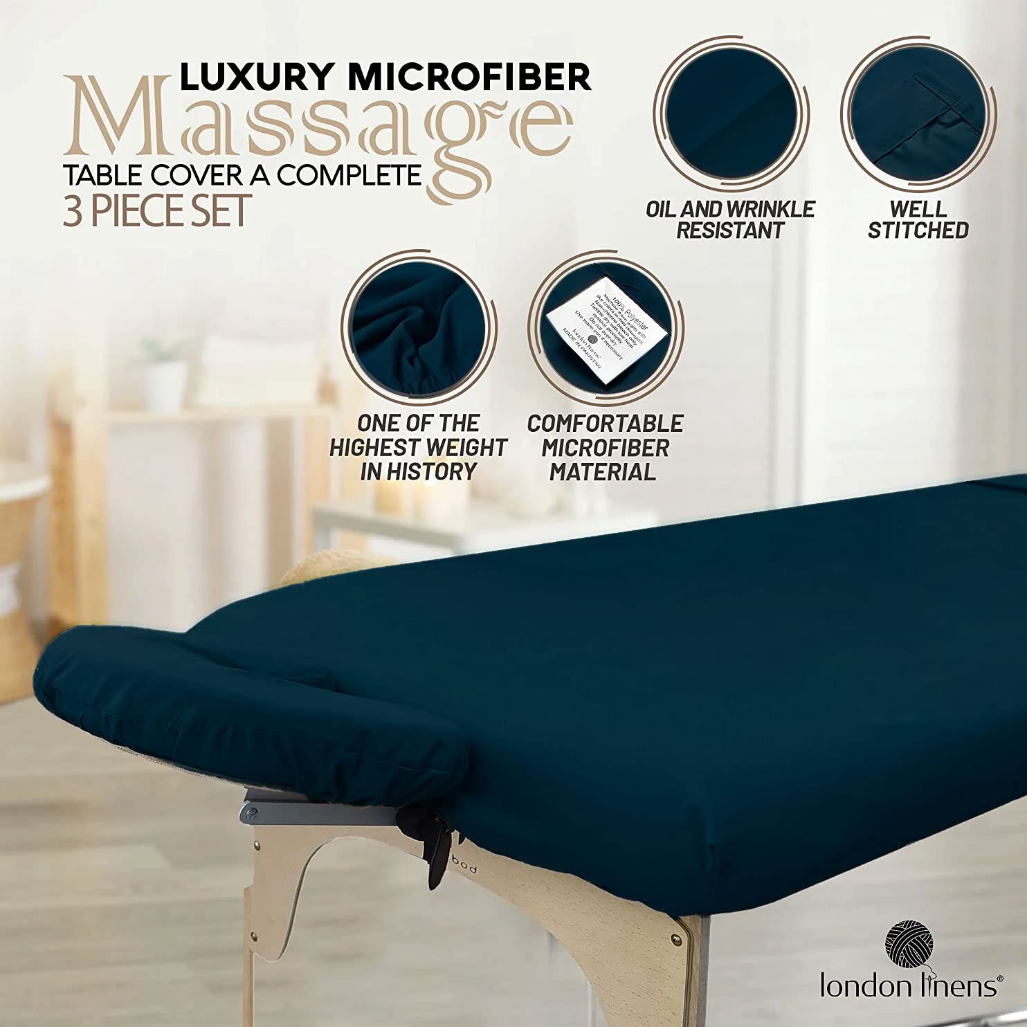 LONDON LINENS Juego de sábanas de microfibra suave para mesa de masaje, juego de 3 piezas, incluye funda para mesa de masaje, sábana bajera