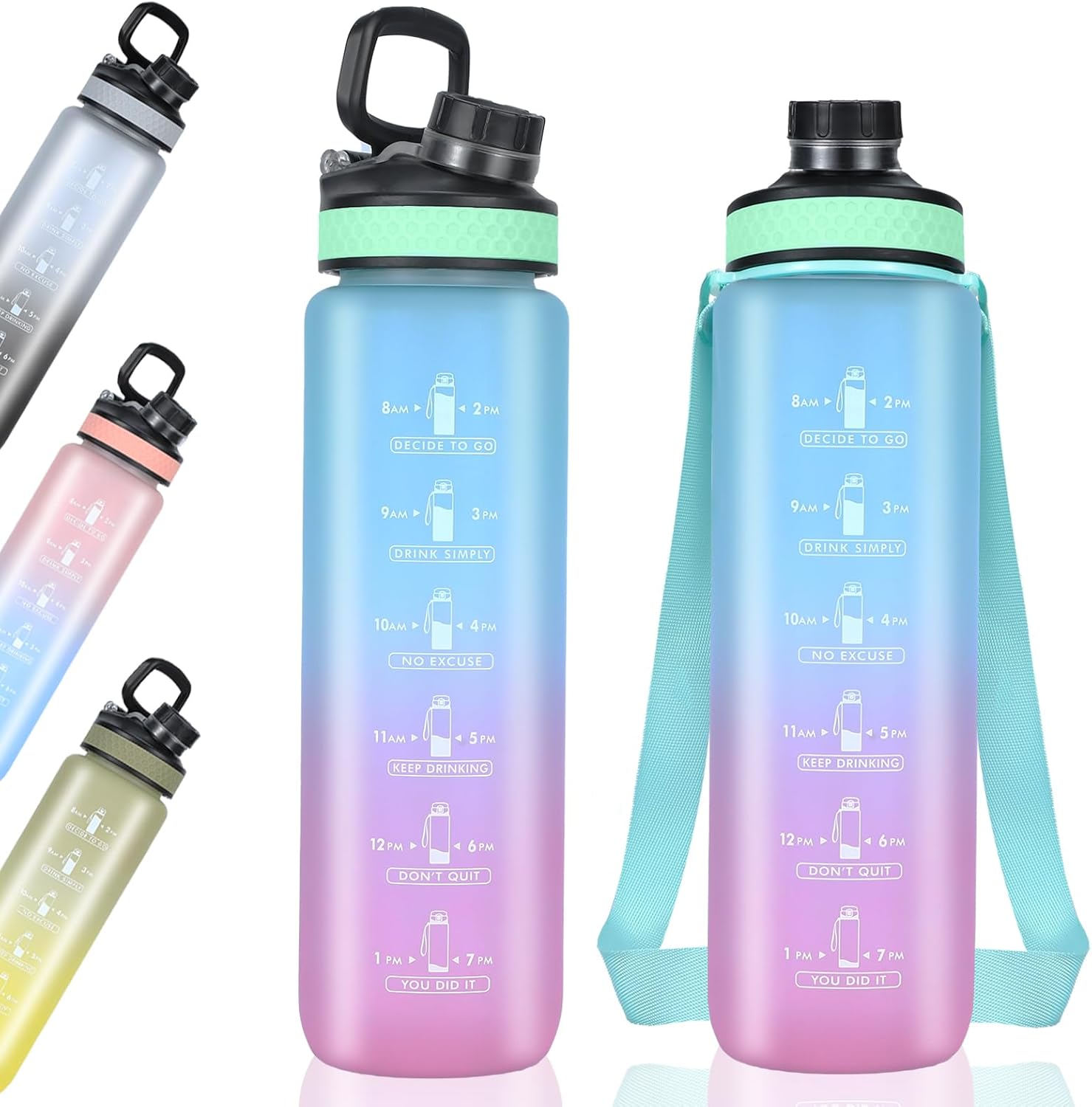 Botella de agua de 34 onzas, botella de bebida motivacional con marcador de tiempo, botella de bebida a prueba de fugas, sin BPA, no tóxica para