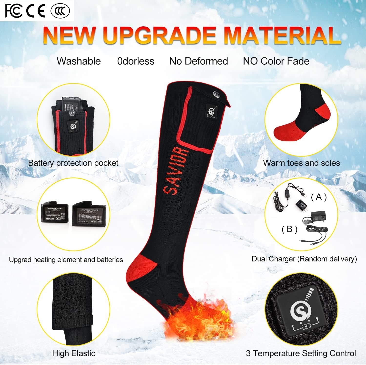 Calcetines calefactados para mujeres y hombres, calcetines recargables de 7.4 V, lavables, calentadores de pies eléctricos, calcetines Coolmax para