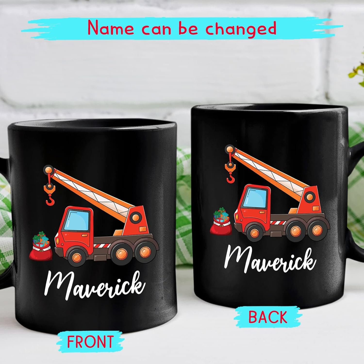 Taza de café personalizada con nombre de grúa para niños, taza de café para niños, camión grúa, tazas de cerámica negras de 11 onzas, 15 onzas, taza
