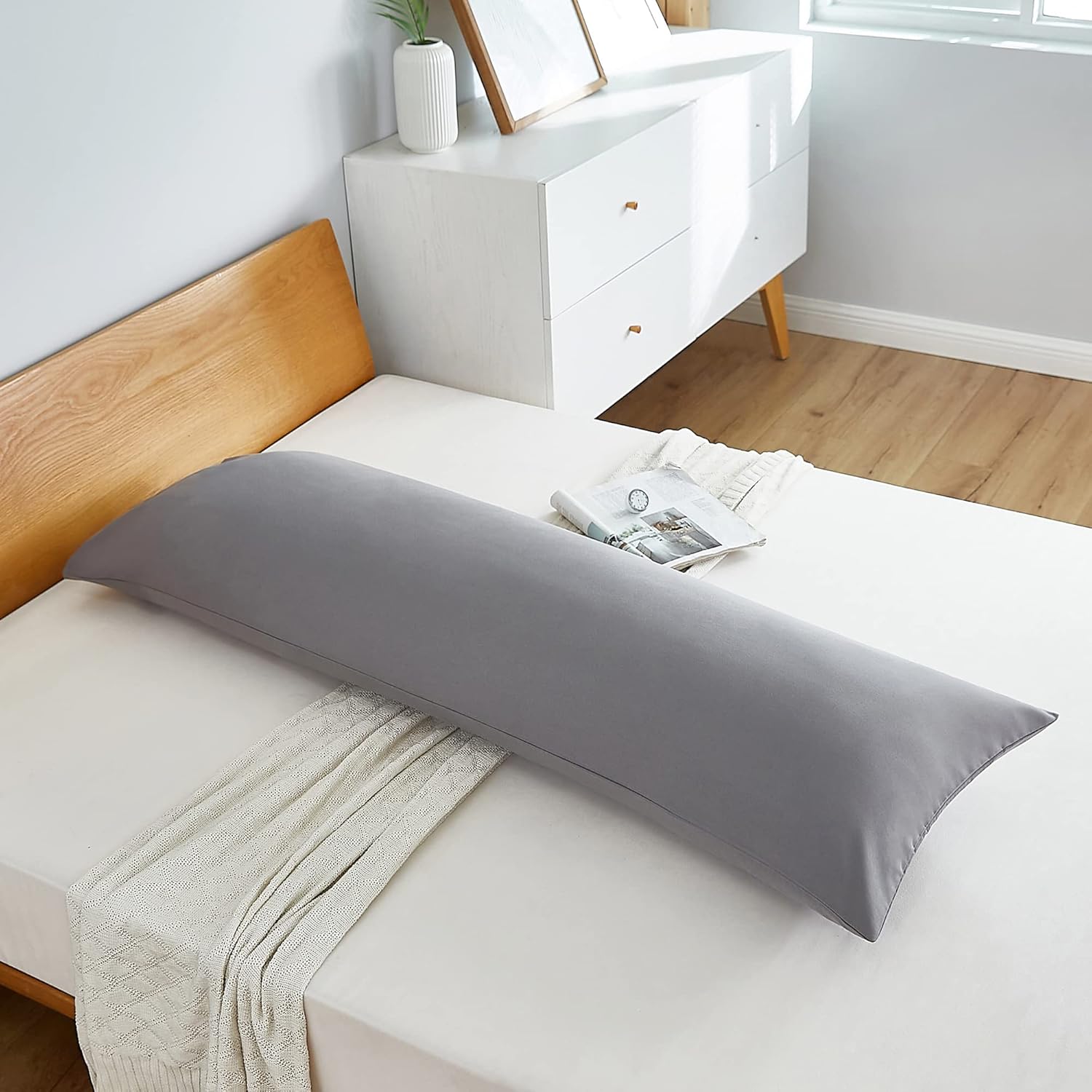Acanva Almohada de cuerpo para dormir de lado esponjoso, 20 x 60 pulgadas, con funda de almohada gris, color blanco