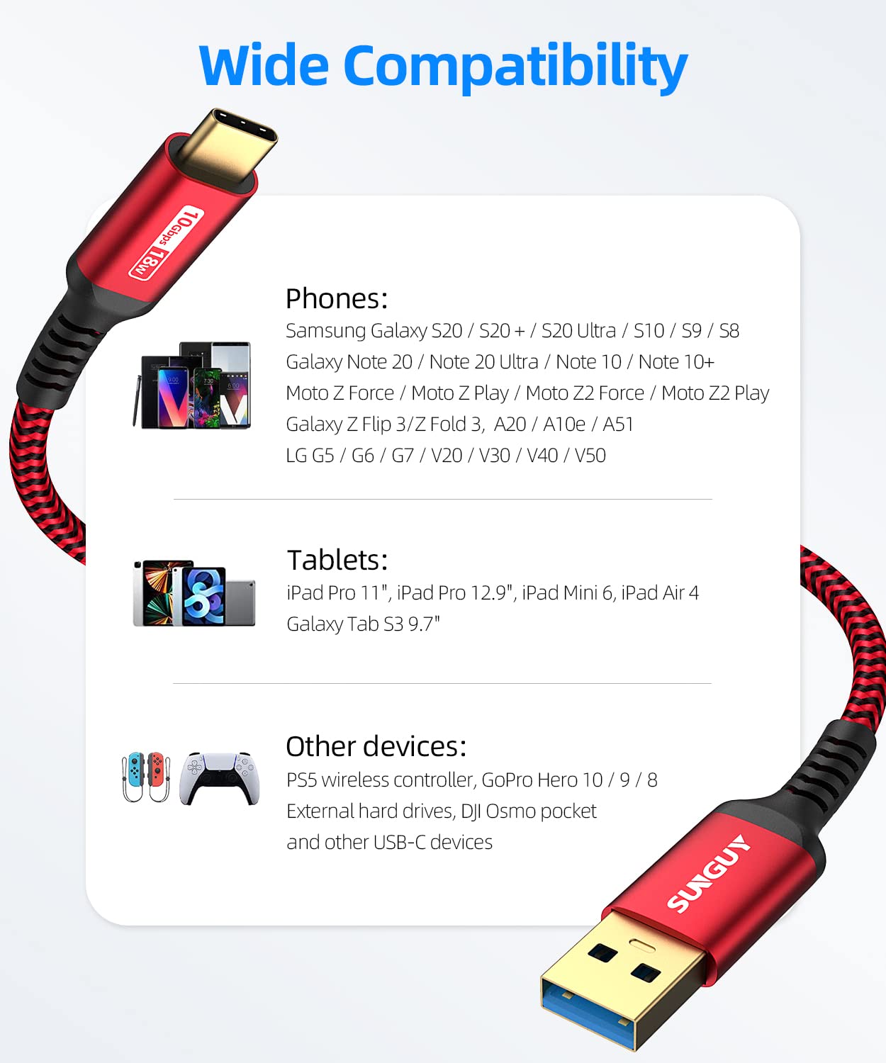 SUNGUY Cable USB C 3.1 Gen 2 de 10 Gbps, USB A a USB C 3A de carga rápida, cable USB C CarPlay, compatible con iPhone 1515 Pro Max, Galaxy S22 S21