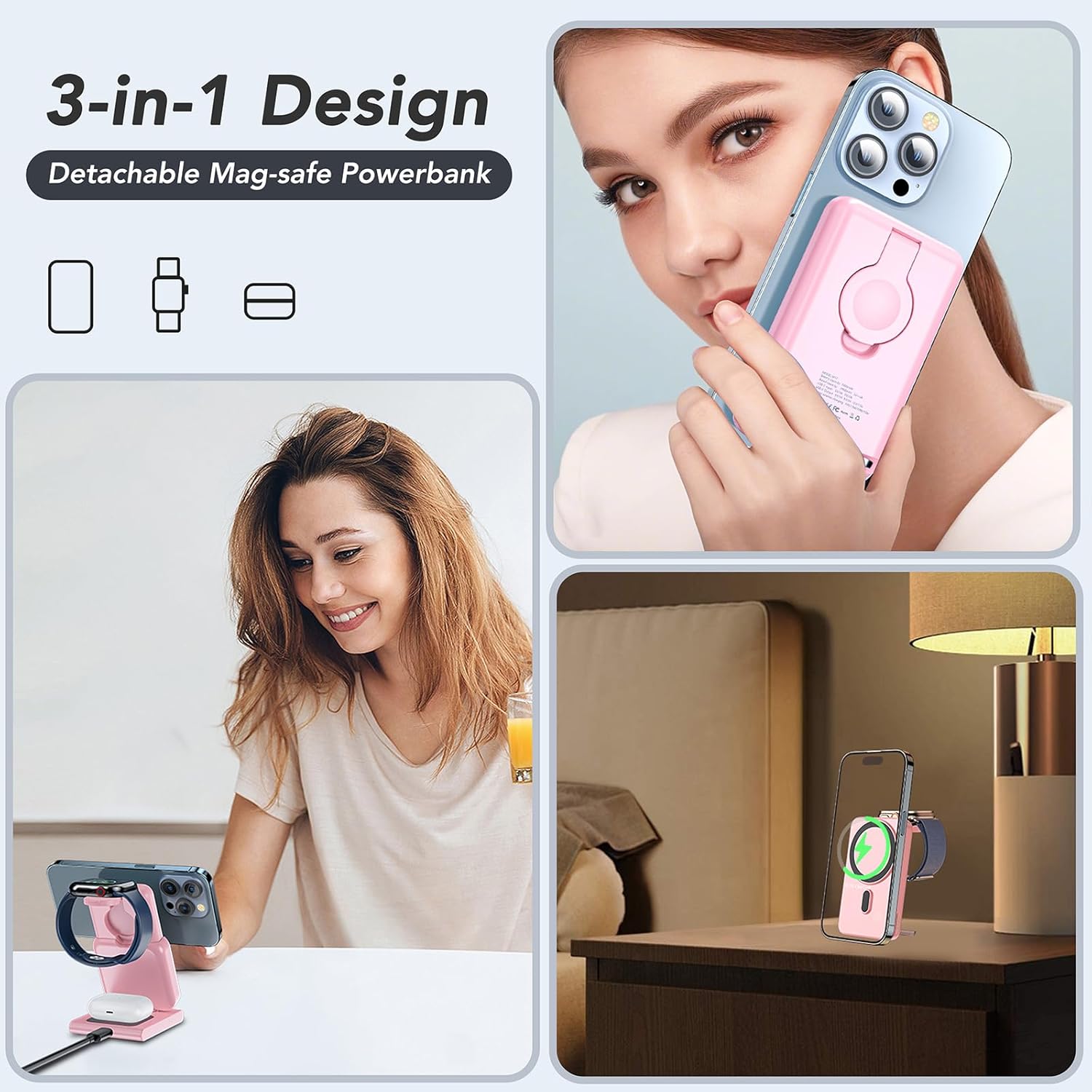 HUOTO Cargador portátil inalámbrico, soporte plegable de cargador rápido para iPhoneApple WatchAirpods, banco de energía magnético de 5000 mAh con