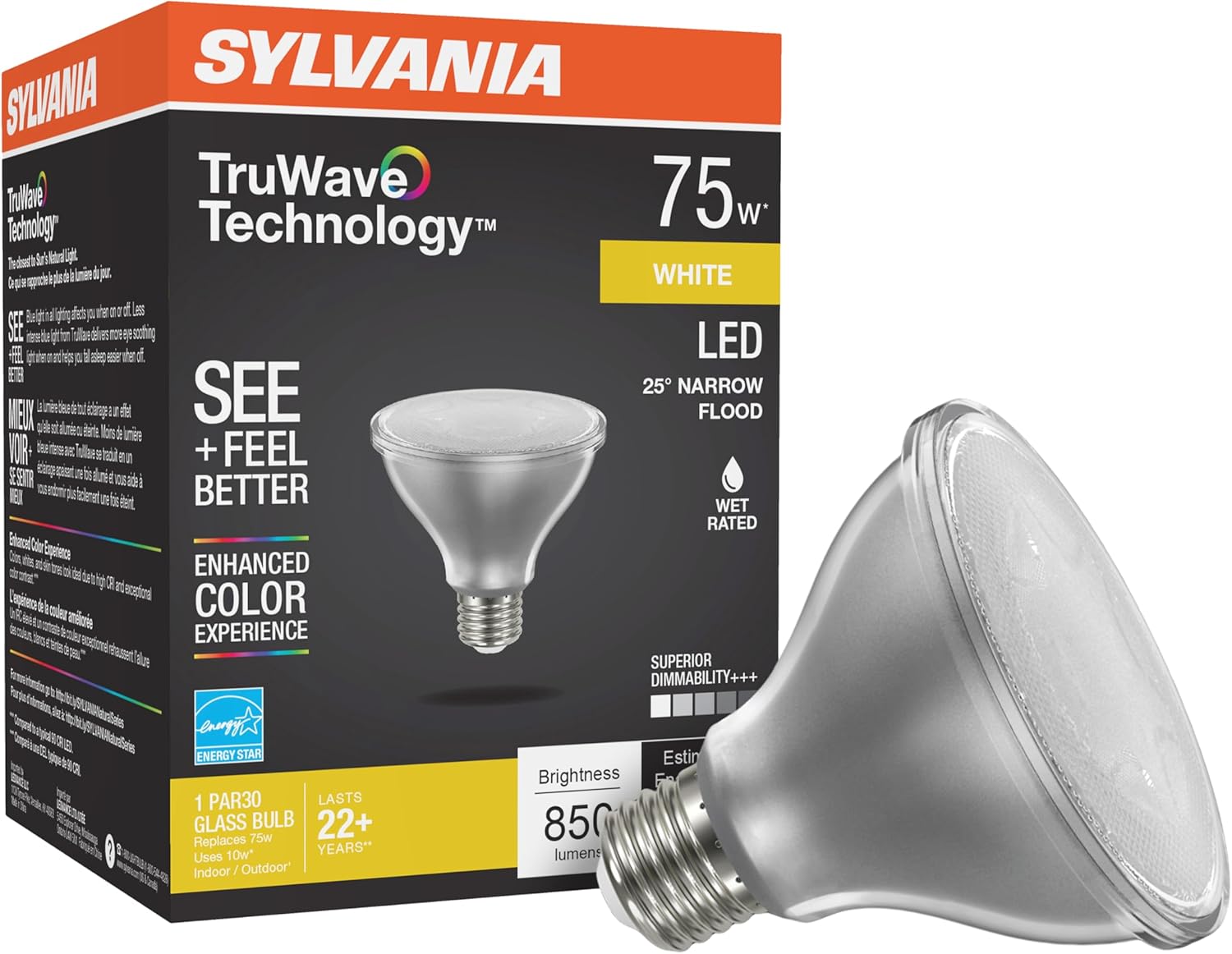 Sylvania – Bombilla LED TruWave Serie Natural PAR30, equivalente a 75 W, eficiente 9 W, base media, regulable, 3000 K, color blanco, 1 paquete
