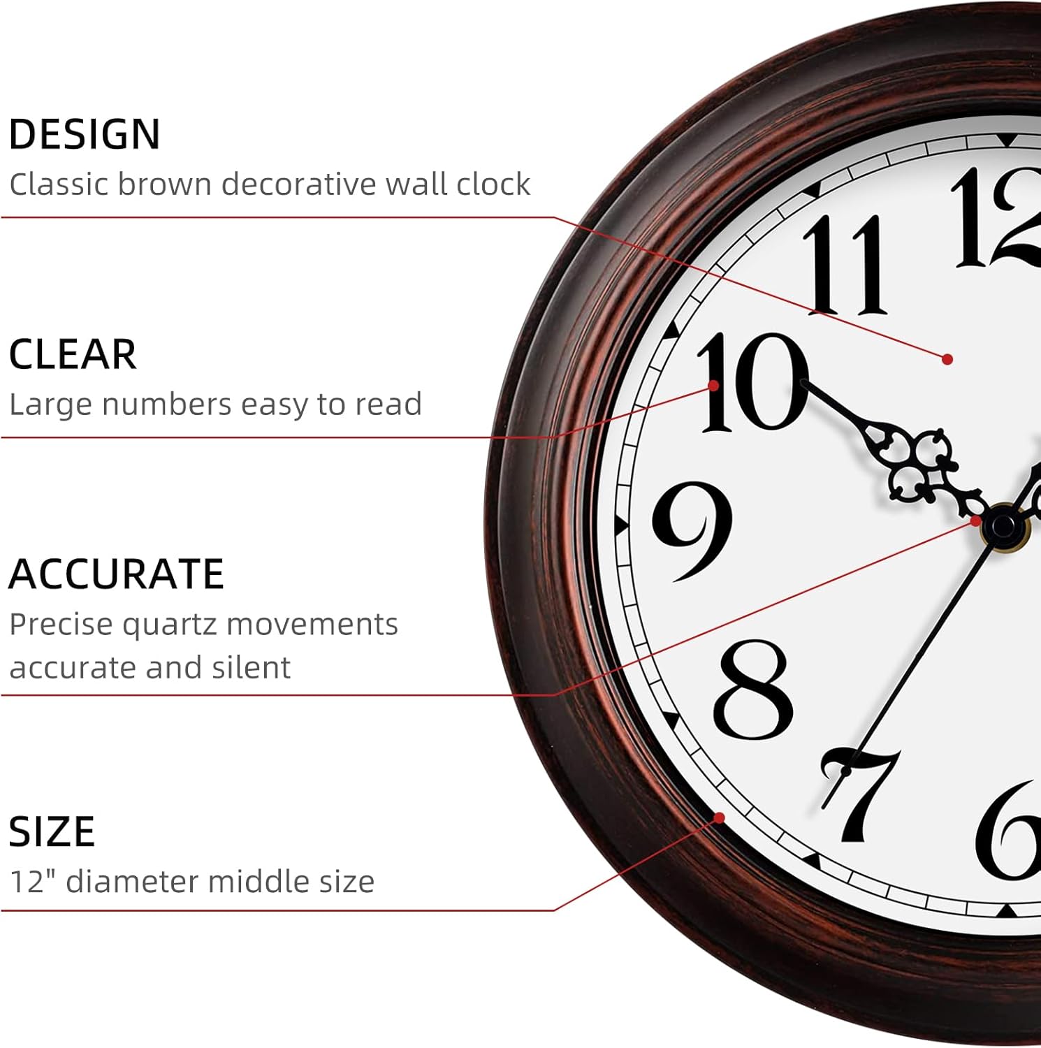 HYLANDA Reloj de pared de 12 pulgadas, funciona con pilas, reloj de bronce para cocina, silencioso, sin tictac, color marrón, para sala de estar,