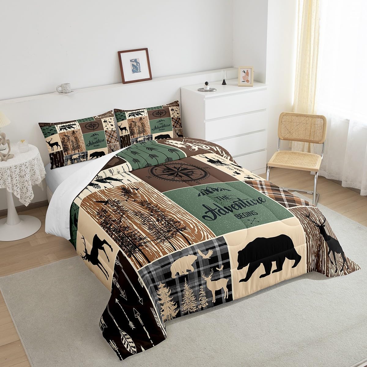 Juego de edredón de oso de caza, ciervo, juego de ropa de cama a cuadros tamaño King, edredón rústico de retazos de cabaña para niños, adolescentes,