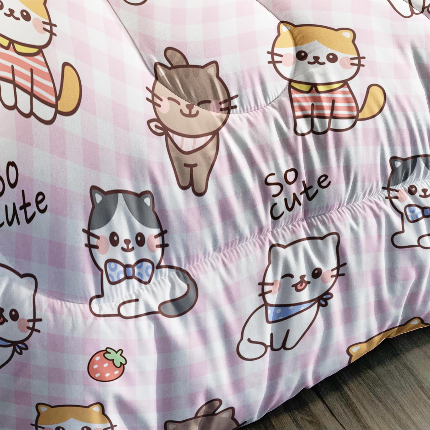 AILONEN Juego de edredón de gato tamaño matrimonial, lindo juego de ropa de cama para niños con diseño de fresas y gatos para decoración de