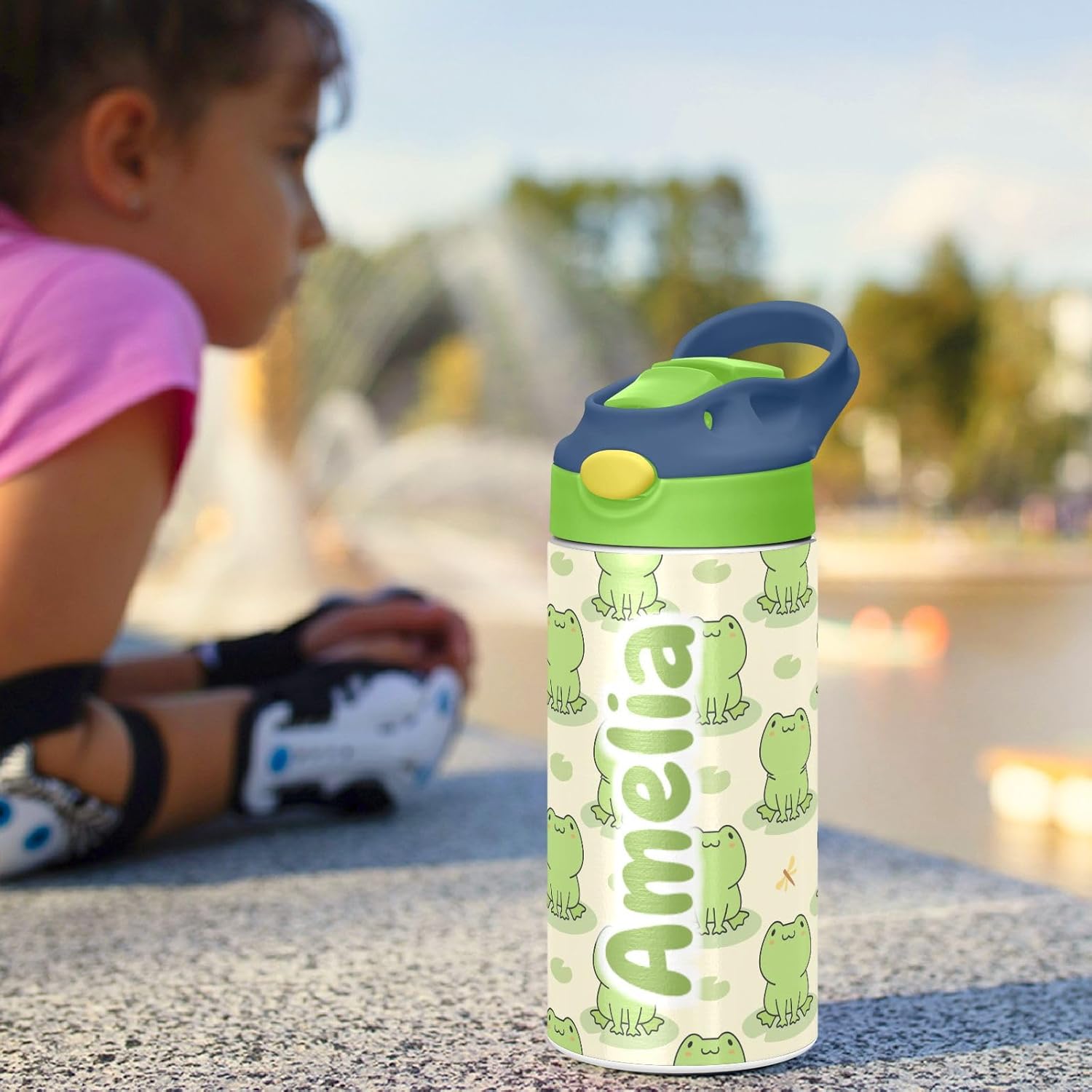 Cute Frog – Botella de agua aislada personalizada con pajilla, botella de agua al vacío de acero inoxidable personalizada para viajes y oficina