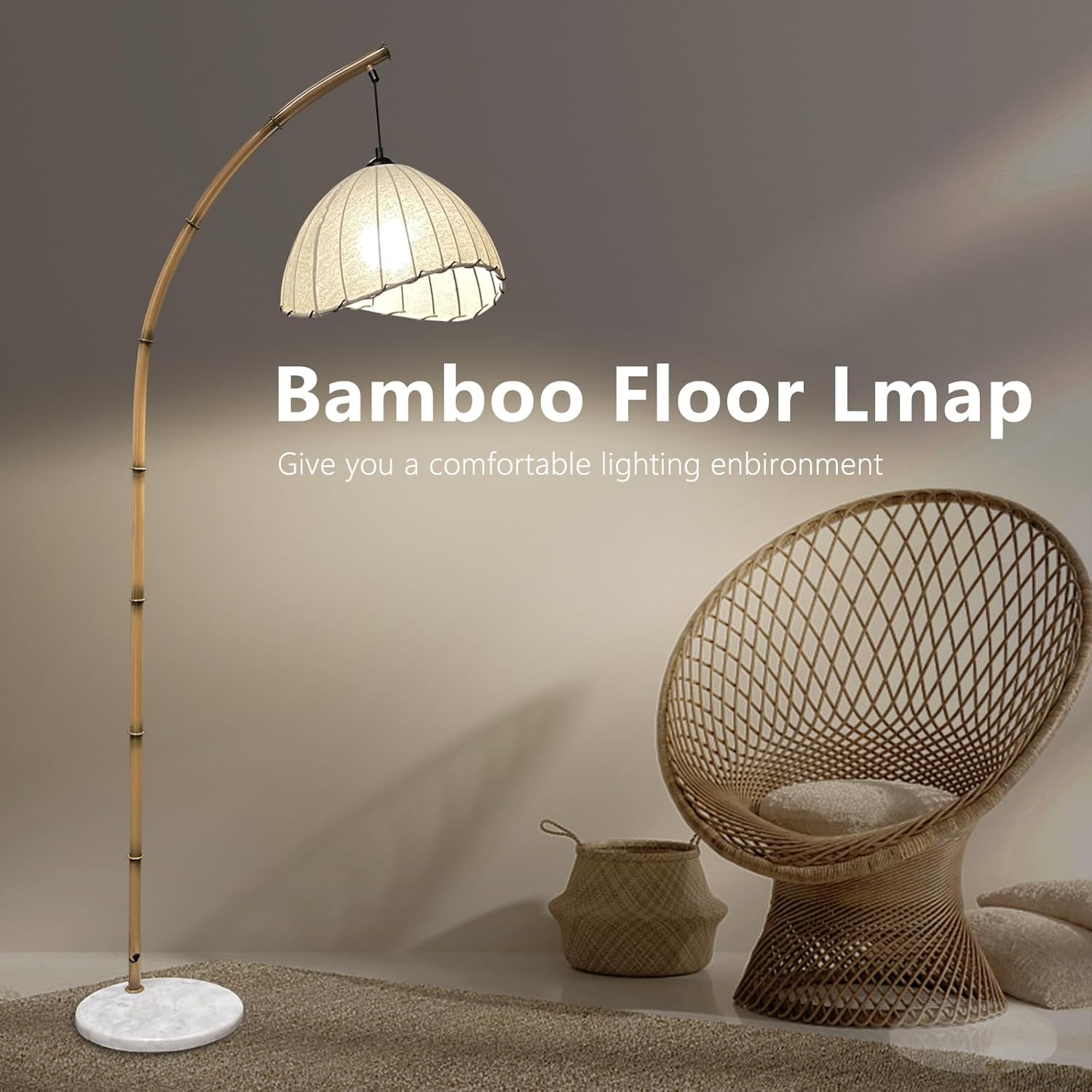 Lámpara de pie retro de bambú para sala de estar, lámparas de lectura altas, lámpara vertical colgante bohemia moderna estilo ratán antiguo para