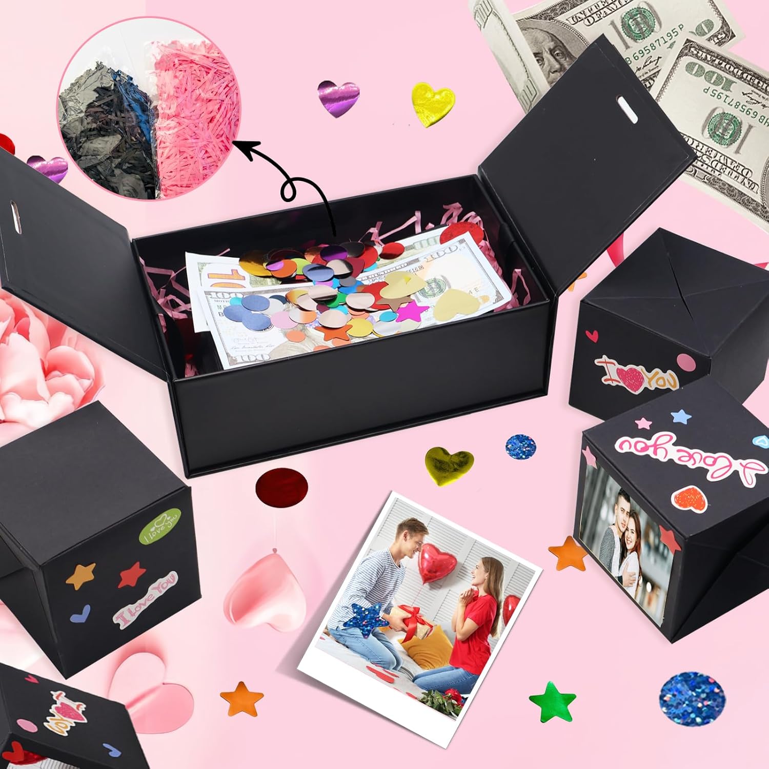 Caja de regalo sorpresa explosión por dinero, caja plegable única de rebote con calcomanías, caja de regalo de lujo para cumpleaños, aniversario,