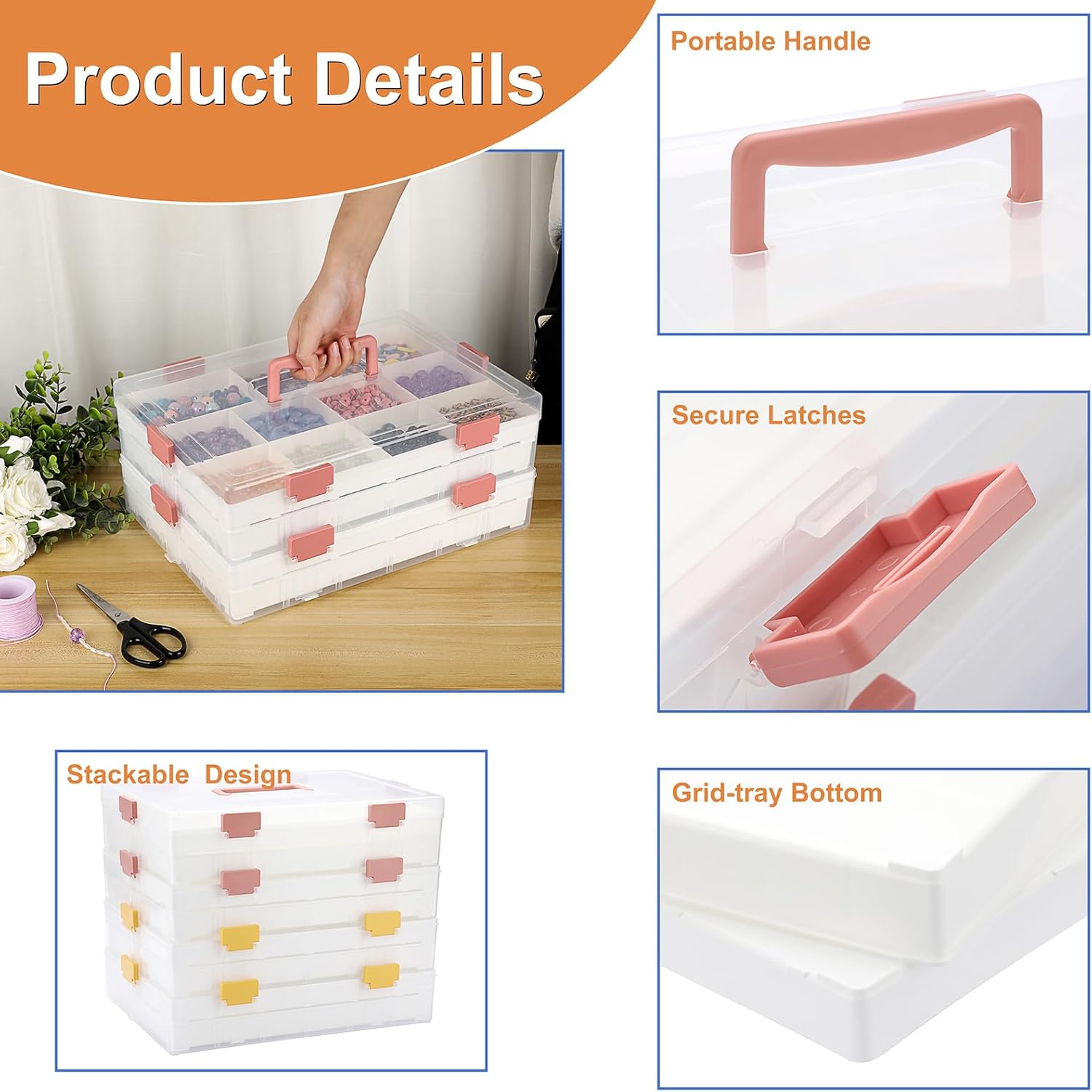 BTSKY Caja de almacenamiento divisoria transparente de 2 capas con 1 tapa, 4 niveles de plástico para accesorios de plástico, caja organizadora con
