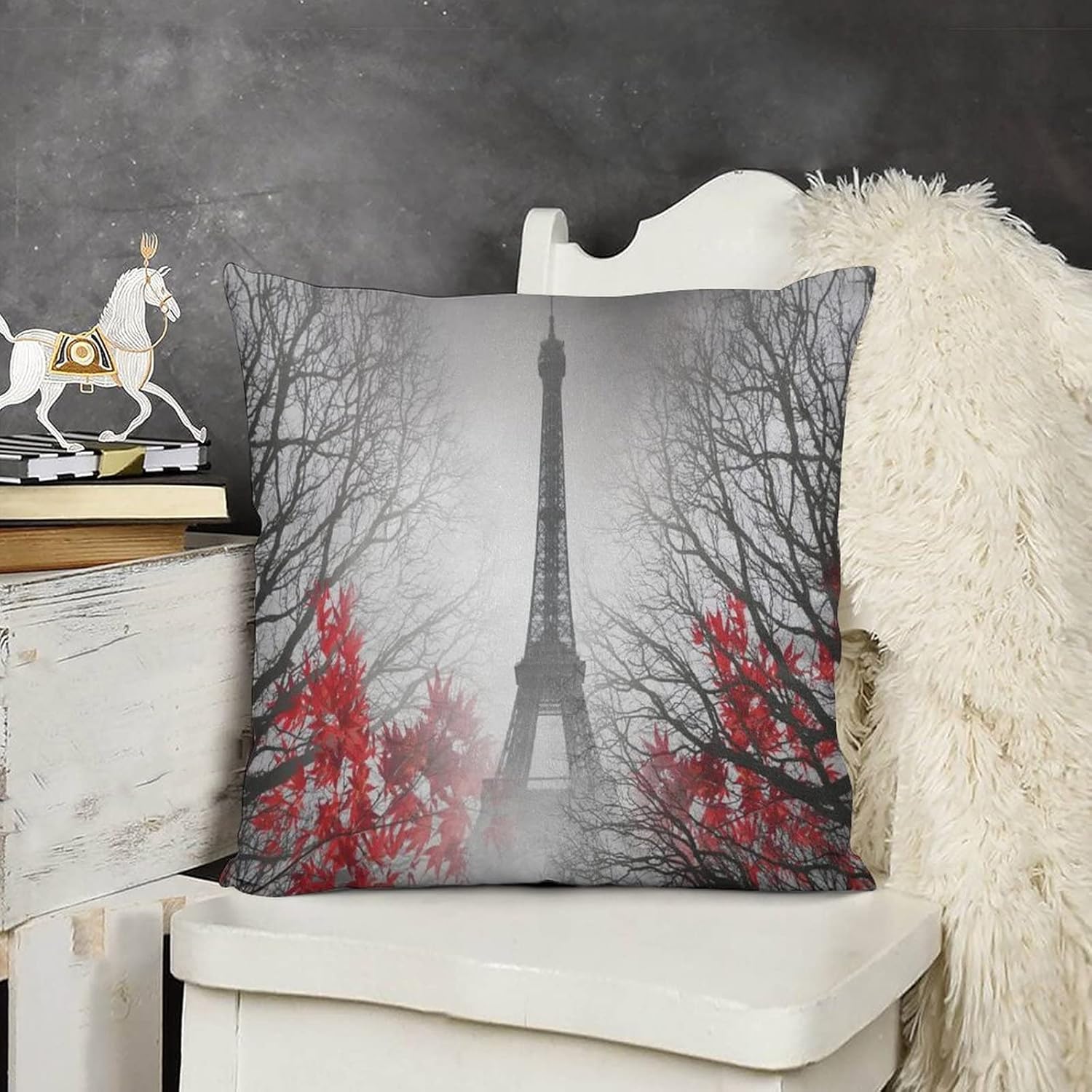 Juego de 1 fundas de cojín de felpa para sofá, Torre Eiffel París, hoja roja y blanca, 26 x 26 pulgadas