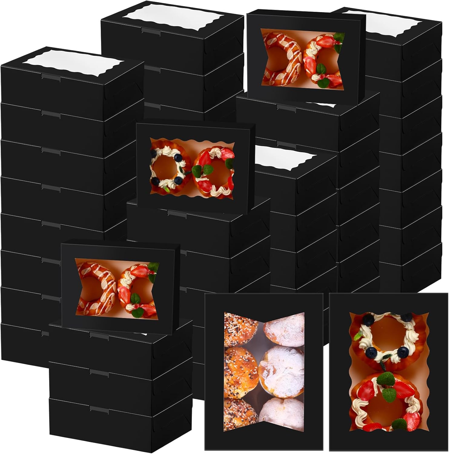 TaoBary 100 cajas de galletas de 8 pulgadas, cajas de panadería de 8 x 6 x 2.5 pulgadas, caja de papel desplegable automática con 2 ventanas de