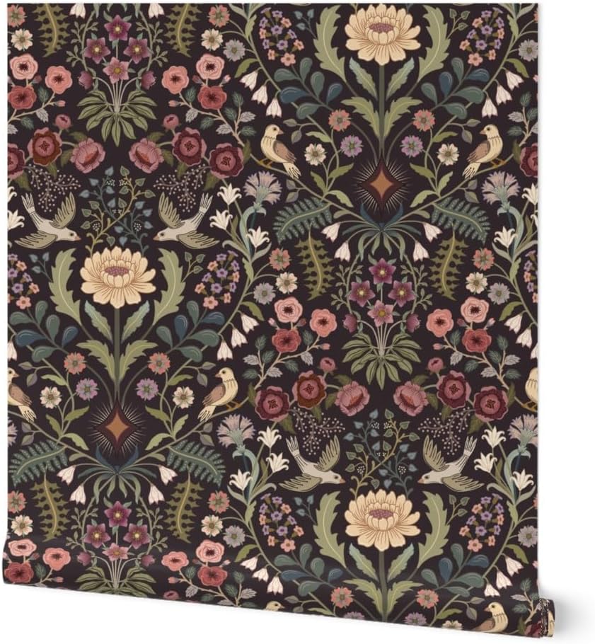 Spoonflower Muestro de papel tapiz extraíble  Arte tradicional floral folclórico pájaros, verde victoriano, color burdeos, papel tapiz prepegado