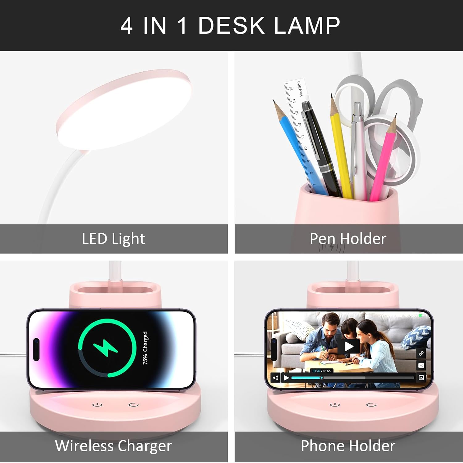 Lámpara LED de escritorio con cargador inalámbrico para oficina en casa, pequeña con soporte para bolígrafo, 800 lúmenes, 3 modos de color, cuello