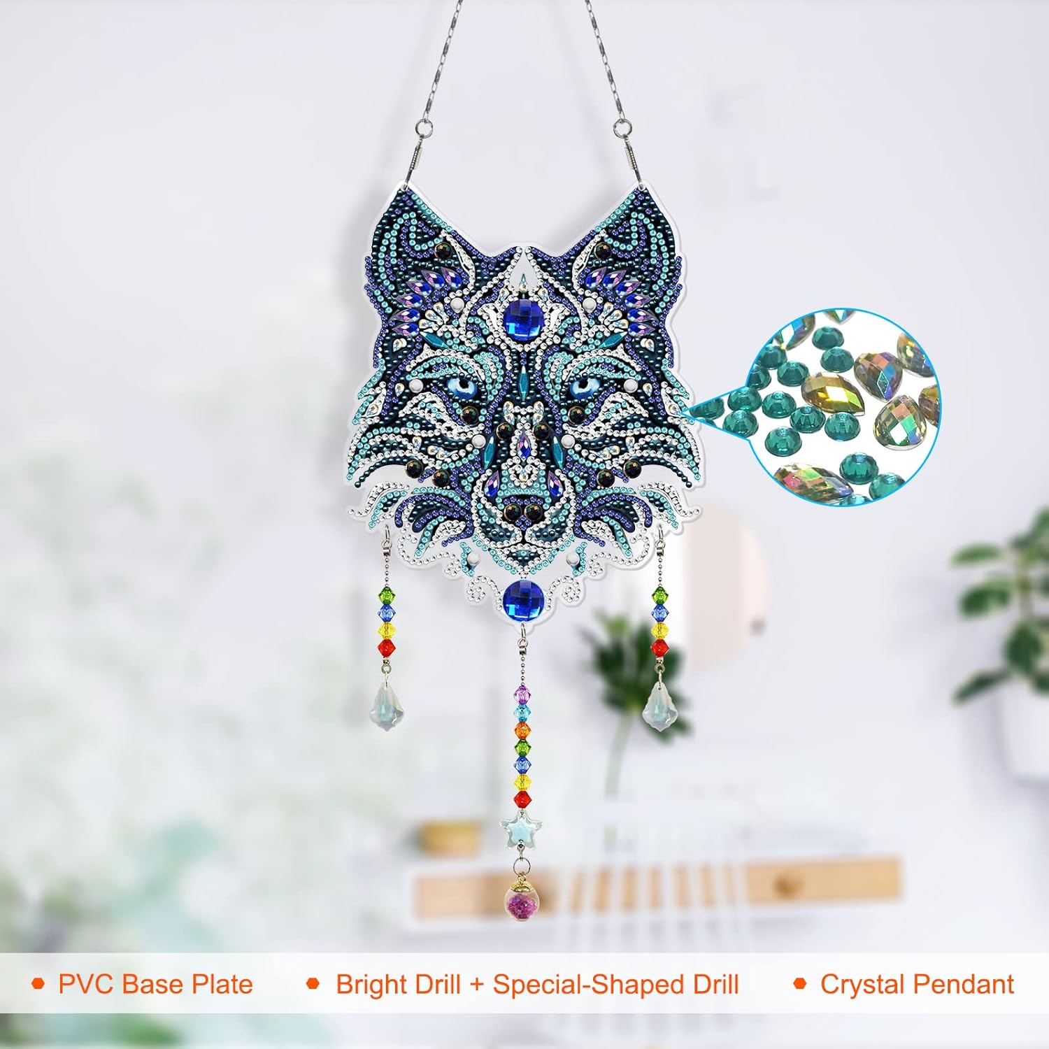 FHBUBPUP Kits de pintura de diamantes para adultos, colgante de cristal de lobo para decoración del hogar, campanillas de viento de bricolaje,