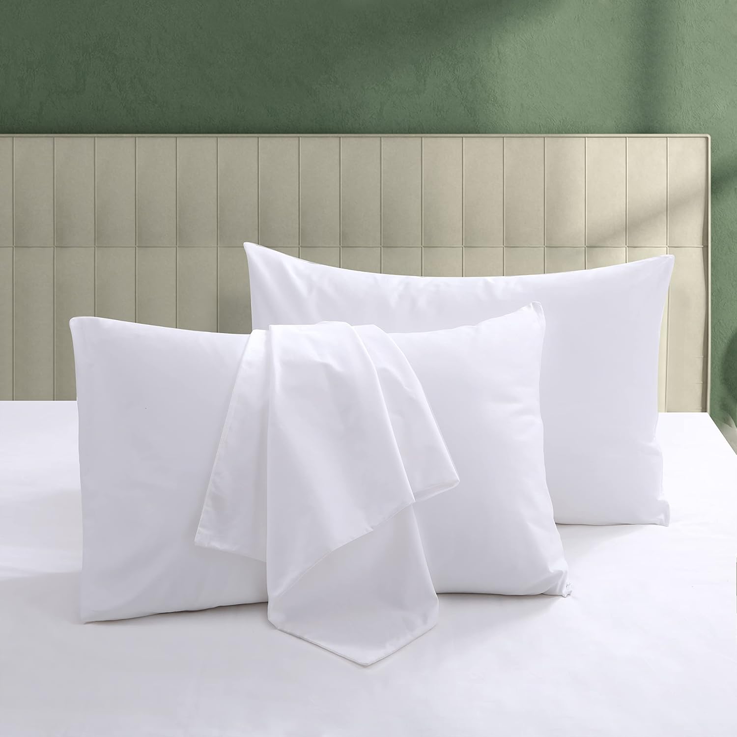 Juego de 4 protectores de almohada 100% de algodón egipcio de 600 hilos tamaño Queen con cremallera, fundas de almohada de tejido satinado,