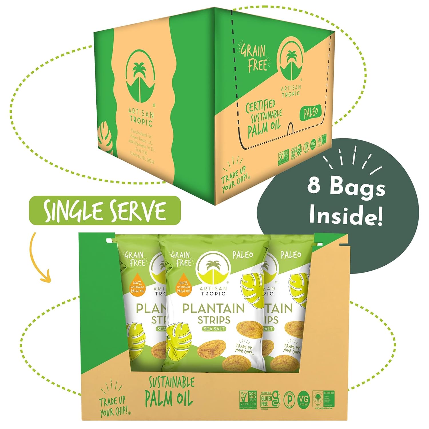 ARTISAN TROPIC Tiras de plátano con sal marina, paquete de 8, 2 onzas, vegano, paleo y sin gluten, bolsas individuales, aperitivos saludables para
