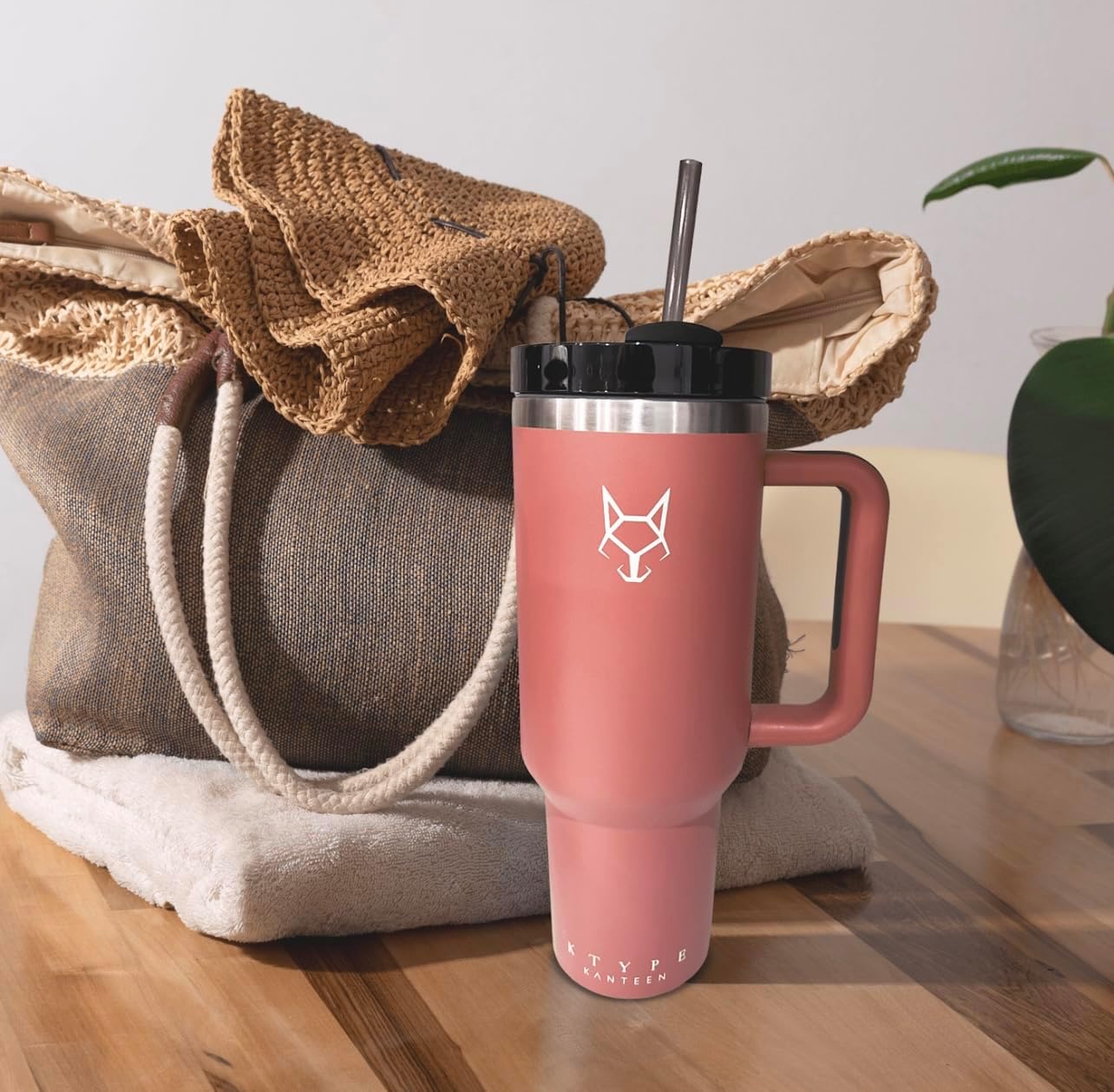 KTYPE Kanteen Vaso de acero inoxidable de 40 onzas con asa, tapa y pajita, recubierto de polvo o recubierto de goma, aislamiento al vacío de doble